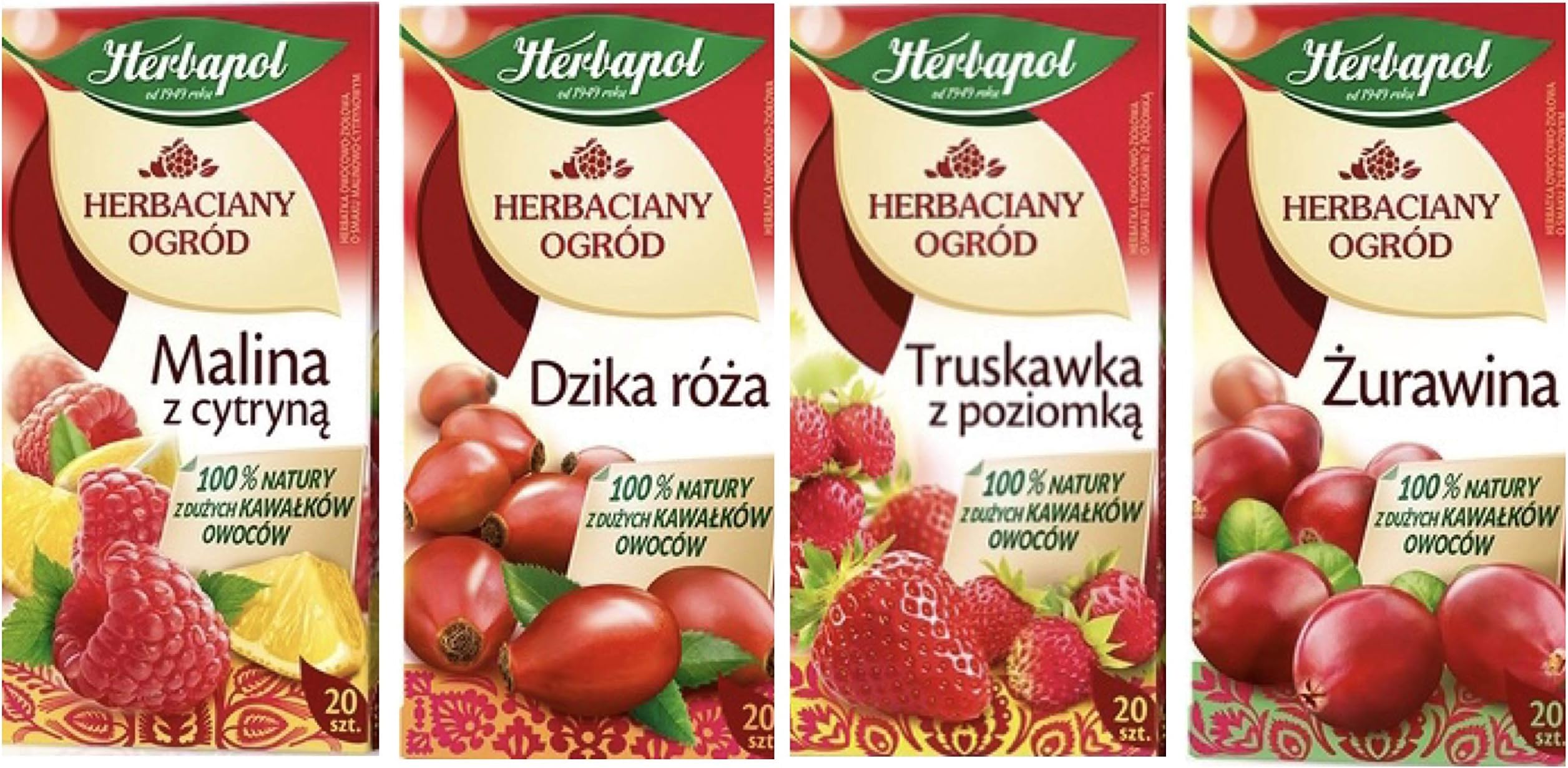 Herbal Fruit Infused Tea (Variety 4 Pack) WILD ROSE, STRAWBERRY & WILD STRAWBERRY, CRANBERRY and RASPBERRY & LEMON Tea Natural Flavor - 20 Silk Tea Bags Each.