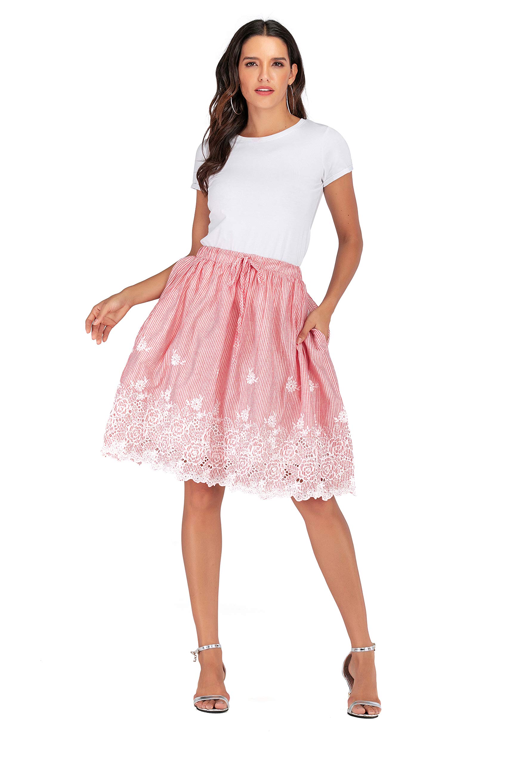 Women's Summer Cotton A-line Flared Embroidered Knee Length with Lining midi Skirt