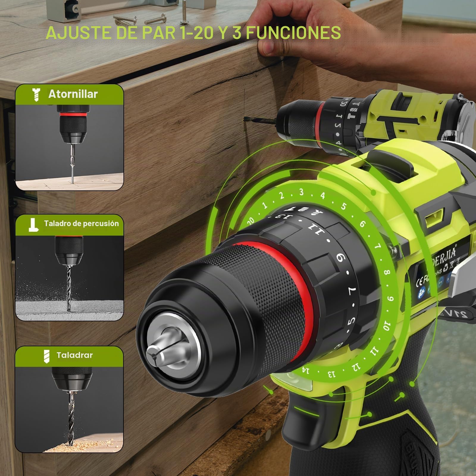 VOERJIA - Taladro atornillador inalámbrico sin escobillas 16,8 V, destornillador desatornillador con 2 x 2000 mAh, 50 Nm Max Taladro percusión, 20+3 pares, 2 velocidades, LED, portabrocas de 10 mm, 34