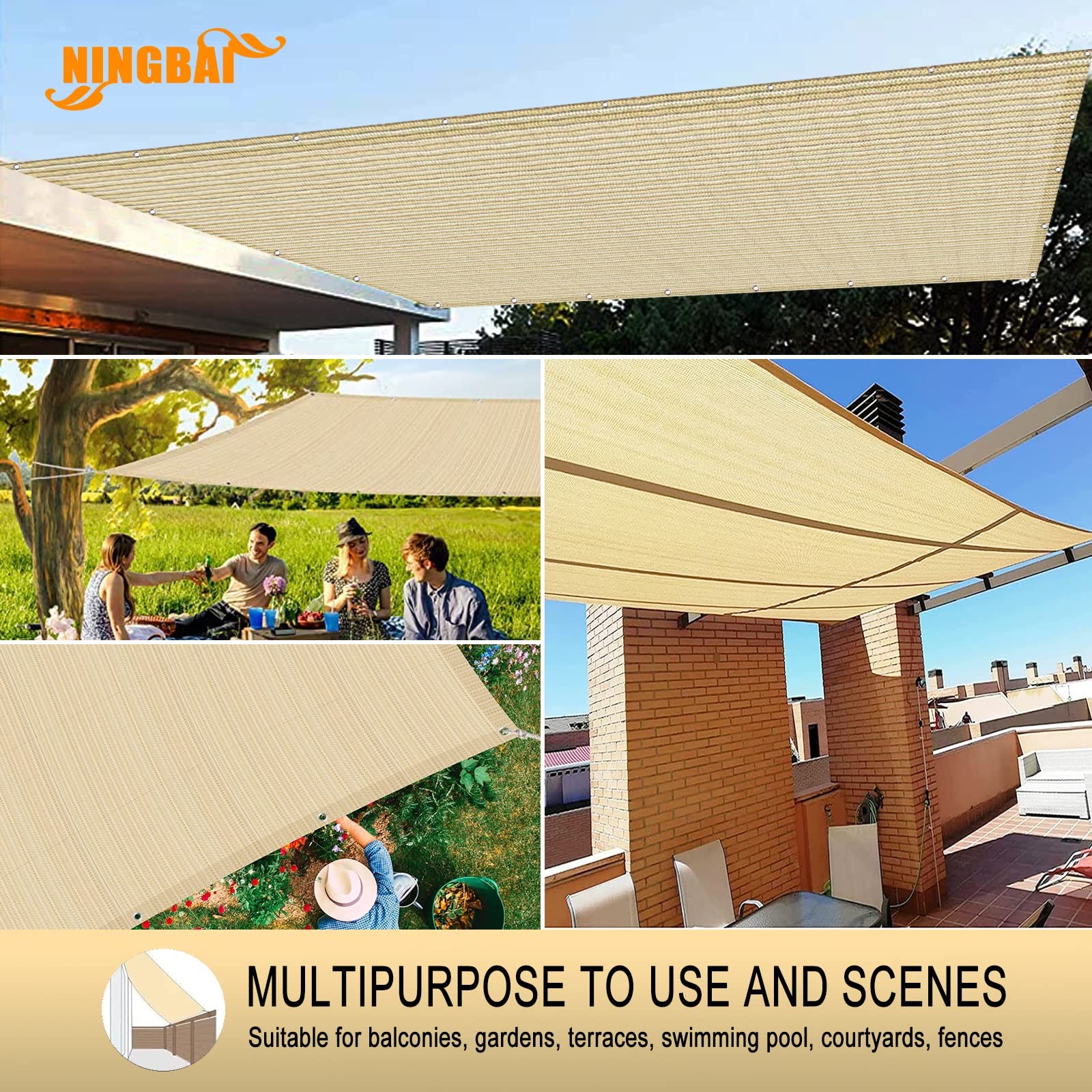 Sonnensegel Rechteckig 8 x 10 m Sonnensegel Sonnenschutz, Windschutz Sonnendach HDPE 220g/m², Leicht Transparent für Patio Balkon Terrasse Camping, Creme Farben