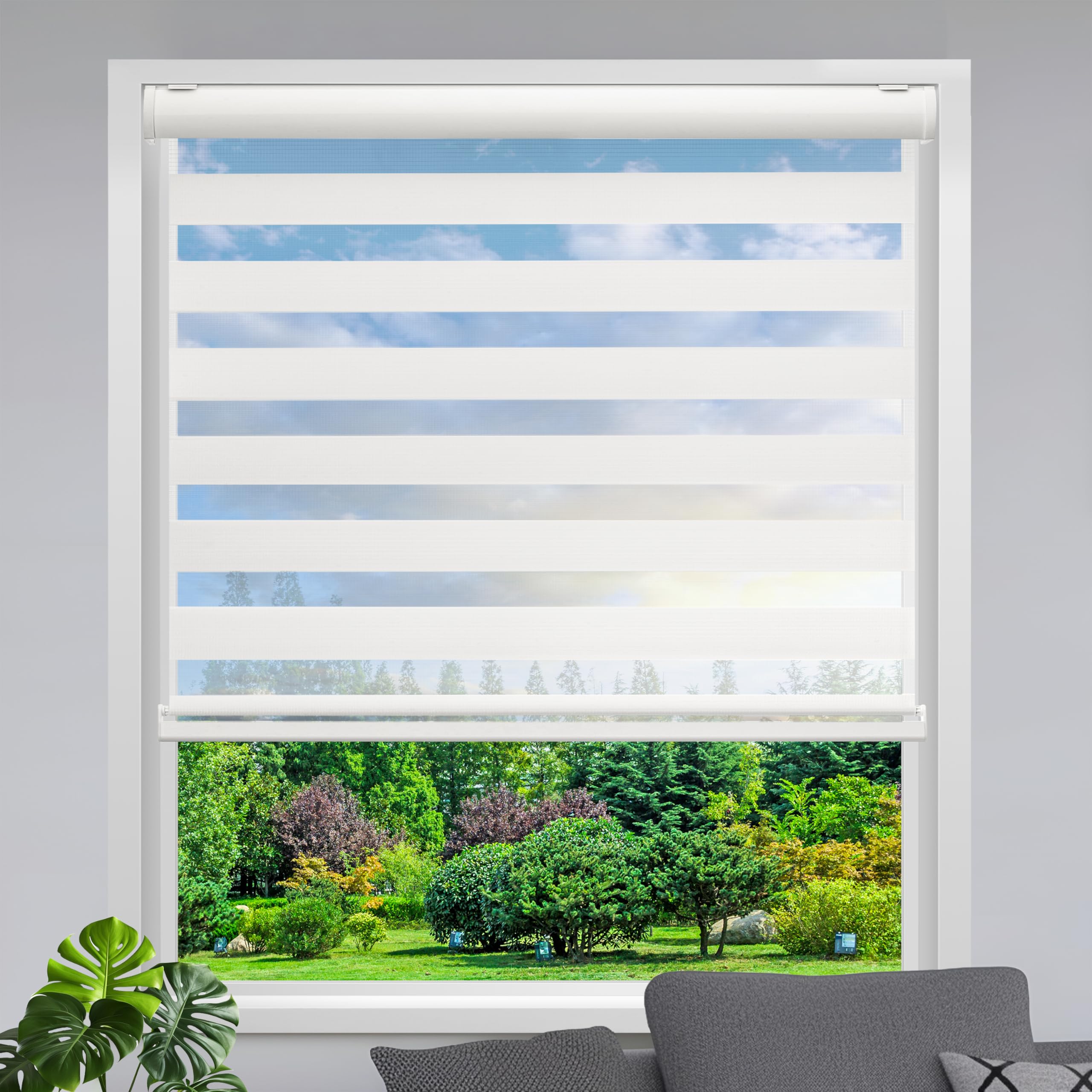Lauren TaylorCordless Zebra Blinds for Windows - 100% Polyester Pull Down Roller Shades for Windows, Dual Layer Sheer or Privacy Light Control Day & Night Roller Blinds (White, 22" W x 84" H)