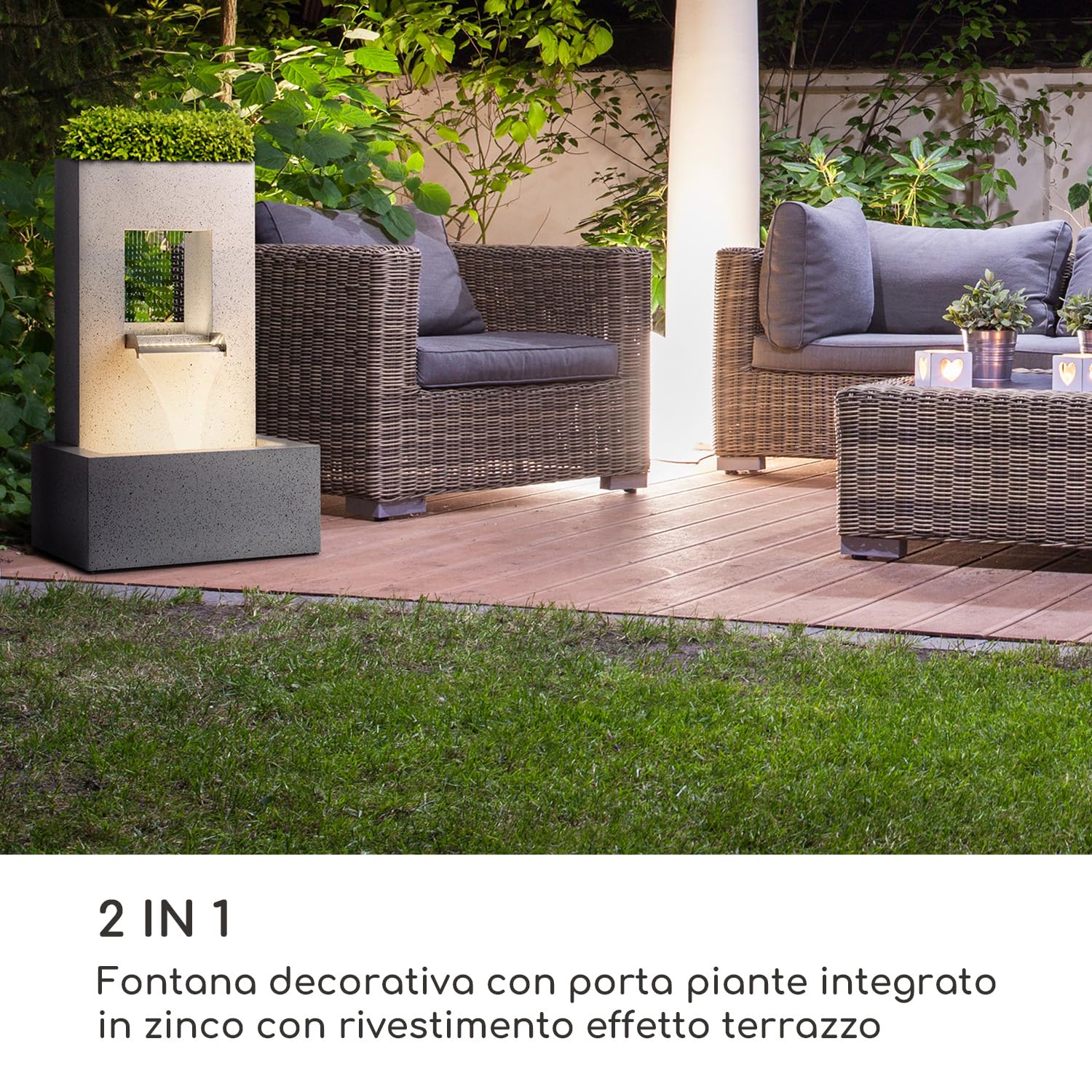 blumfeldt Bloomingstone - Fontana Decorativa da Giardino, con Vaso per Piante, al Chiuso e all'Aperto, Cavo da 10 m, Circuito Idrico Chiuso, LED, Pompa 12 W/800 l/h, Zinco, Bianco