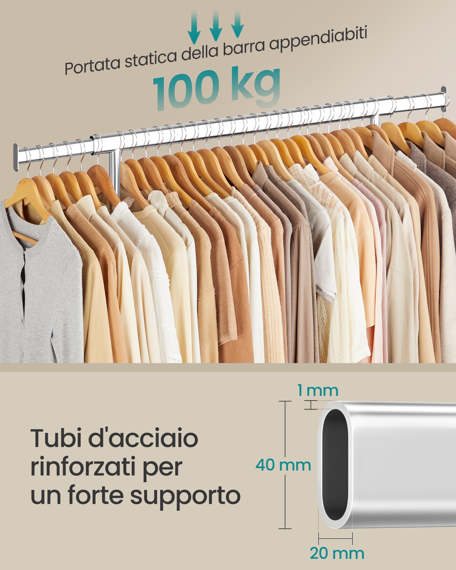SONGMICS Stand Appendiabiti con Rotelle, Set di 20 Grucce in Legno | Asta Estensibile, Gancio Girevole a 360°, Colore Argento e Naturale