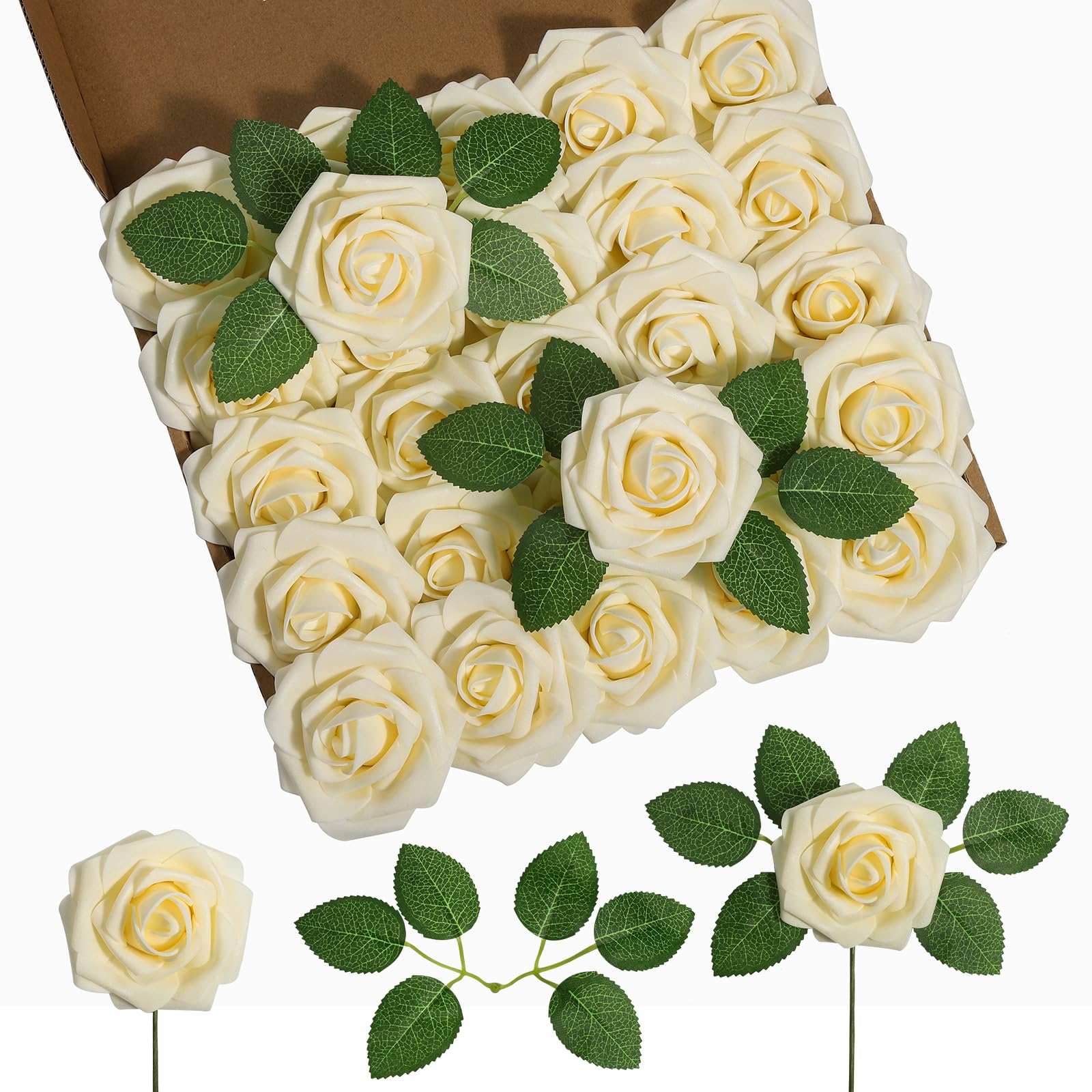 DuHouse 25Pcs Artificial Roses Flowers Fake Rose with Stems Real Touch Foam Flower Head for DIY Wedding Bridal Bouquet Baby Shower Centerpiece Floral Arrangement Party Home Decor(Light Champagne)
