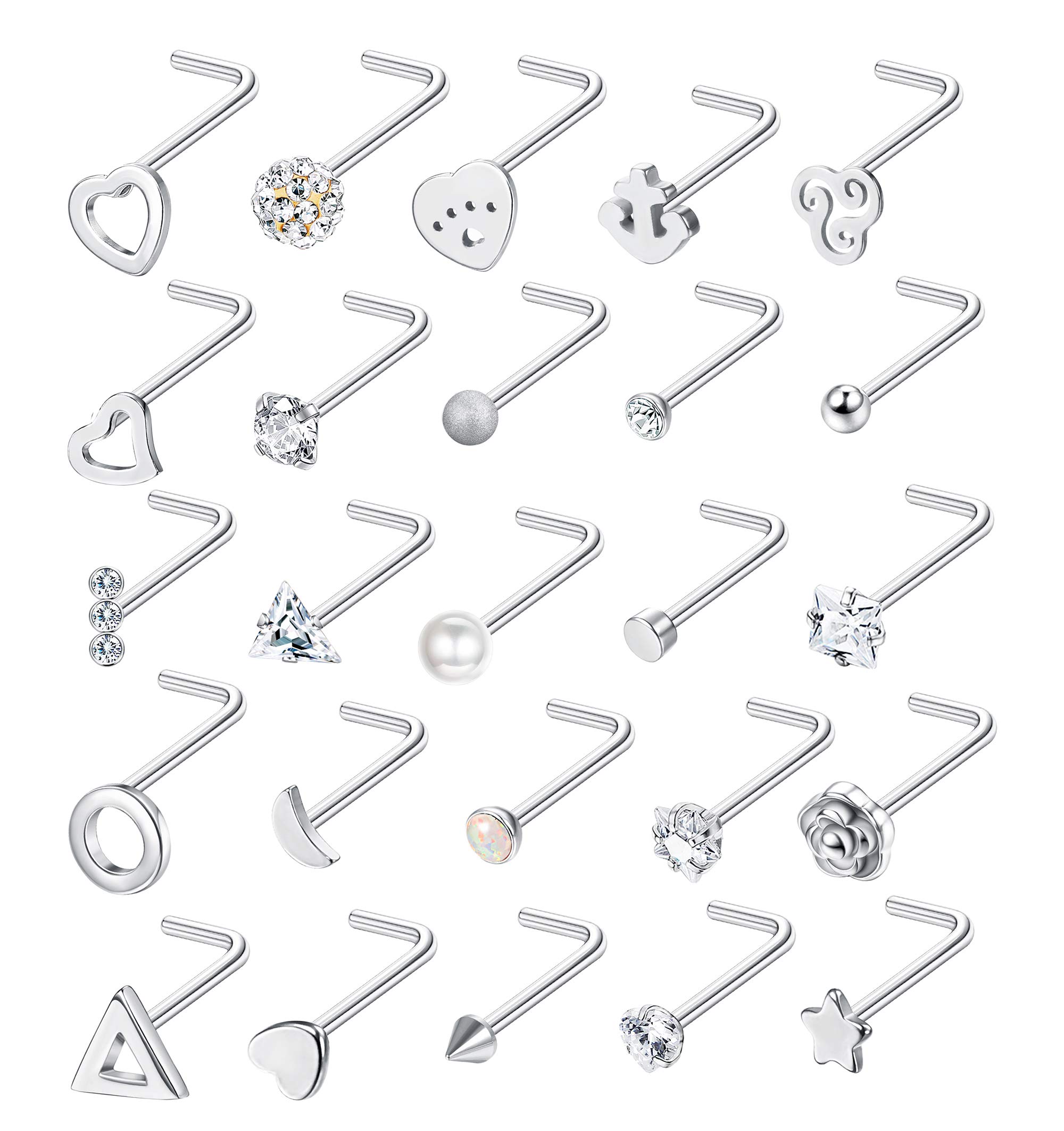 Adramata 20G 25 Piezas Piercing Nariz Anillos Espárragos Acero Inoxidable Hueso En Forma De L Piercing Nariz Para Mujer Hombre