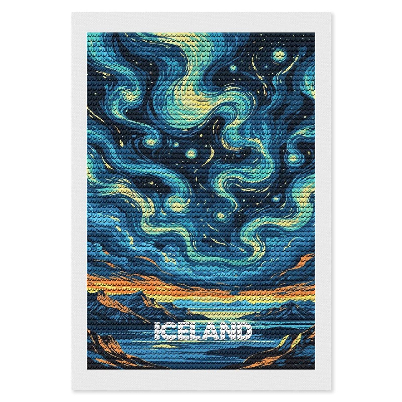 Junmoney Iceland Landscape with Starry Sky DIY Diamond Art Canvas Kit 8"x12", Simple to Start, Fun Craft Experience, Modern Decor, Gift Idea, Adhesive Canvas
