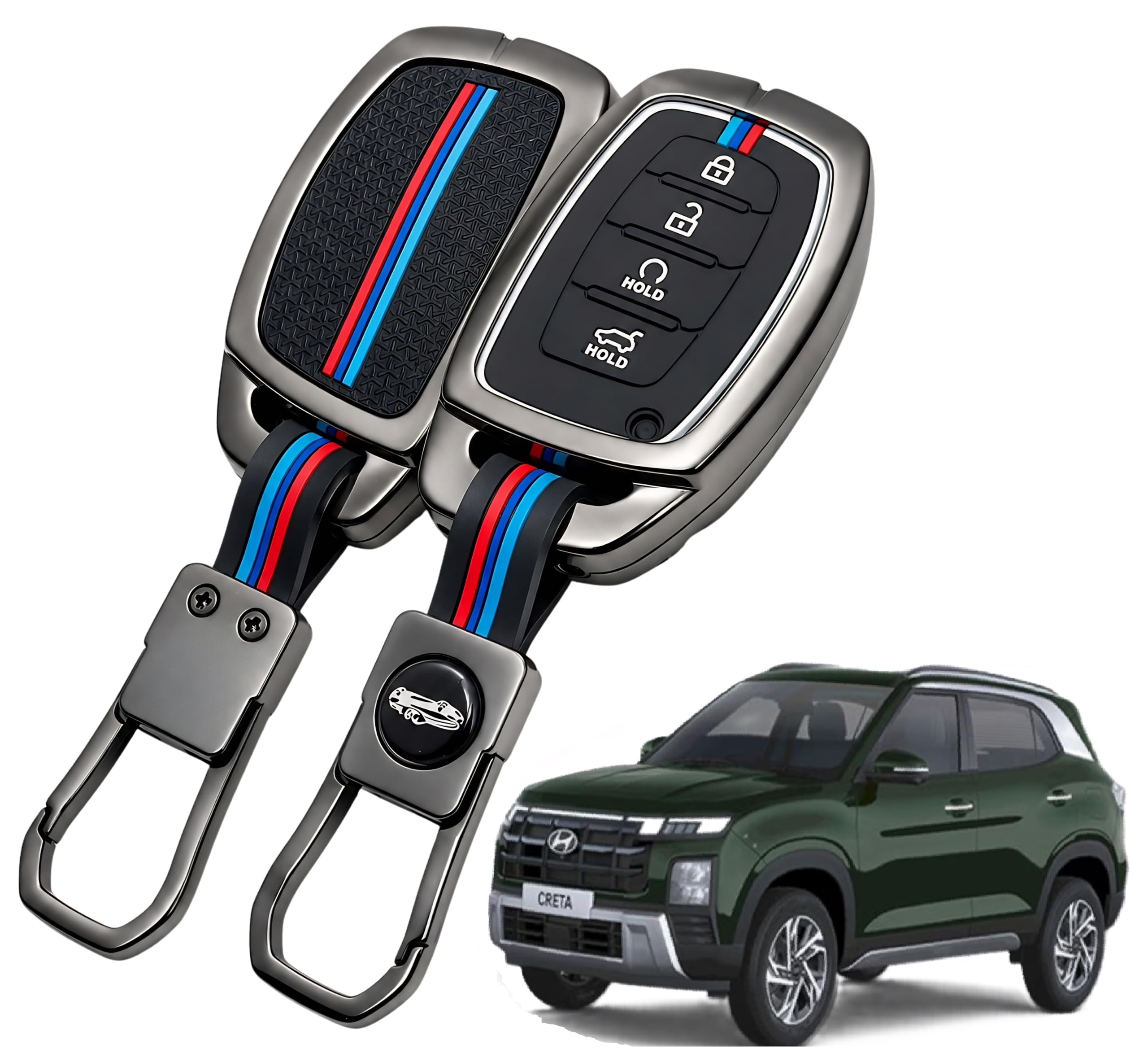 Premium Metal Smart Key Fob Cover for Hyundai Creta – Heavy-Duty Zinc Alloy Protective Case with Silicone Sleeve & Keychain, 4-Button Remote Armor (Metal Black)-image-25