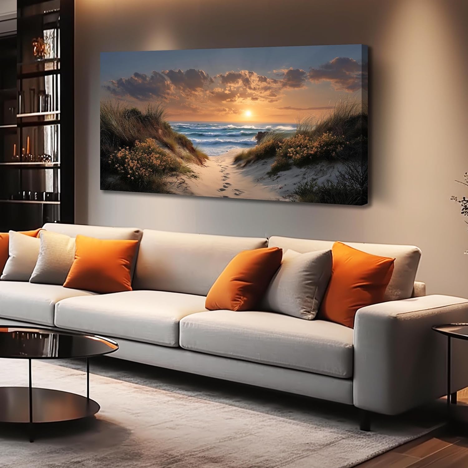 Sunset Canvas Wall Art Brown Wall Decor Seascape Art Print Landscape Wall Decorations Large Blue Picture 24" x 48" Coastal Artwork for Living Room Bedroom Office