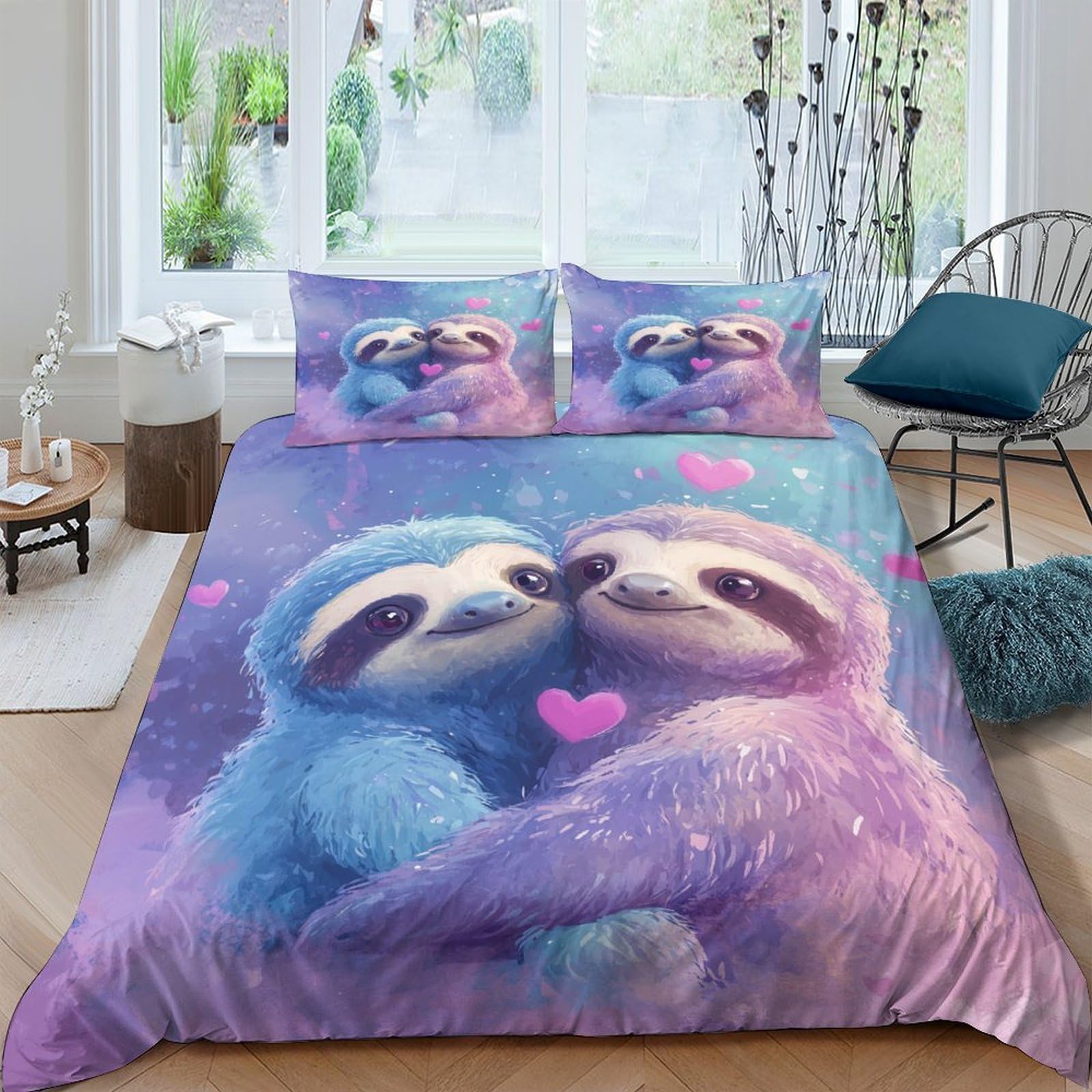 Ctjqhvkz Style-6 3D Printed Cute Sloth Couple Fitted Sheet Microfiber Soft Purple Blue Cartoon Bed Cover For Bedroom Guestroom Decor Single（135X200cm）