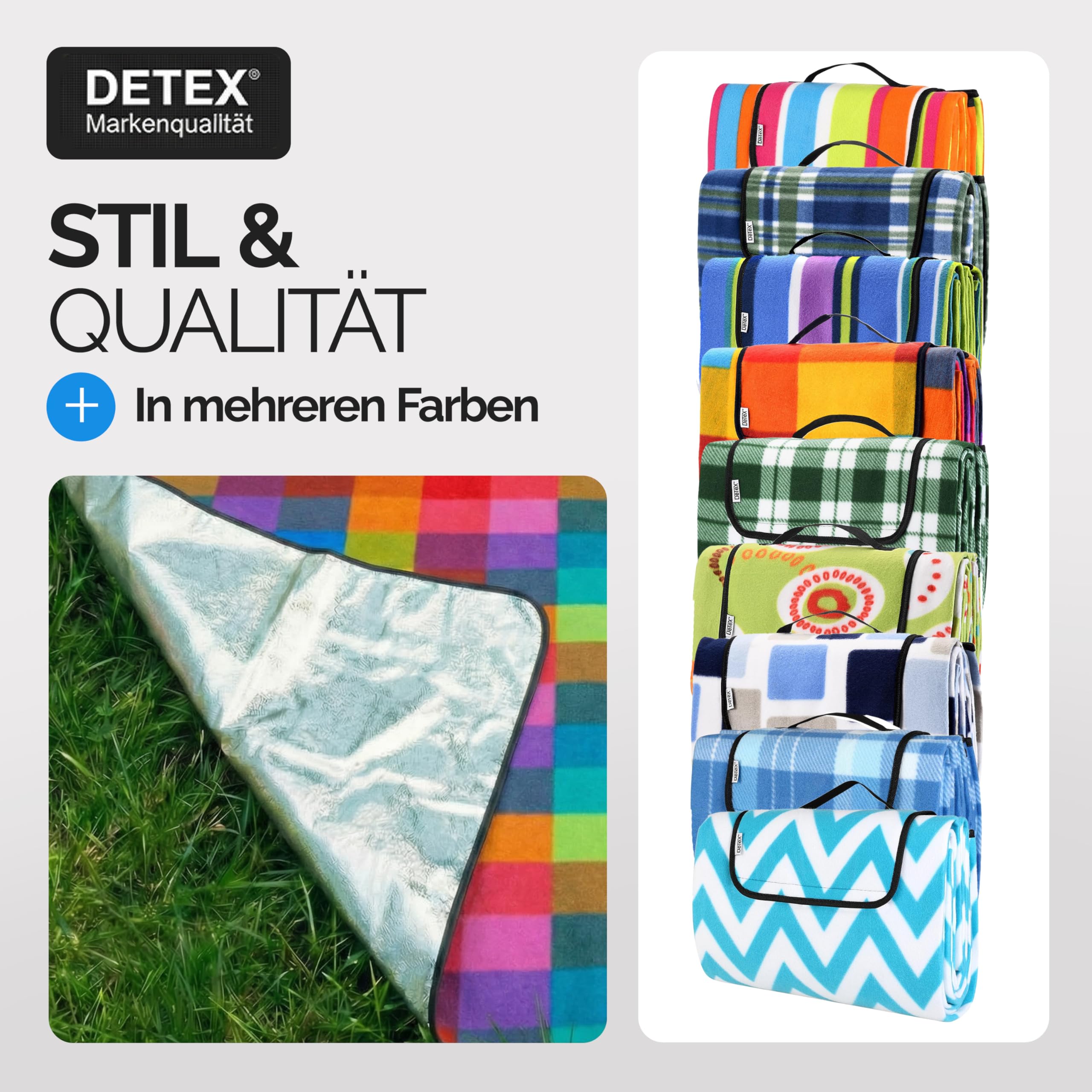 DETEX Picknickdecke Campingdecke XXL 200x200 cm Wasserdicht Wärmeisoliert Waschbar Fleece Faltbar für 4-6 Personen Garten Stranddecke Pixel