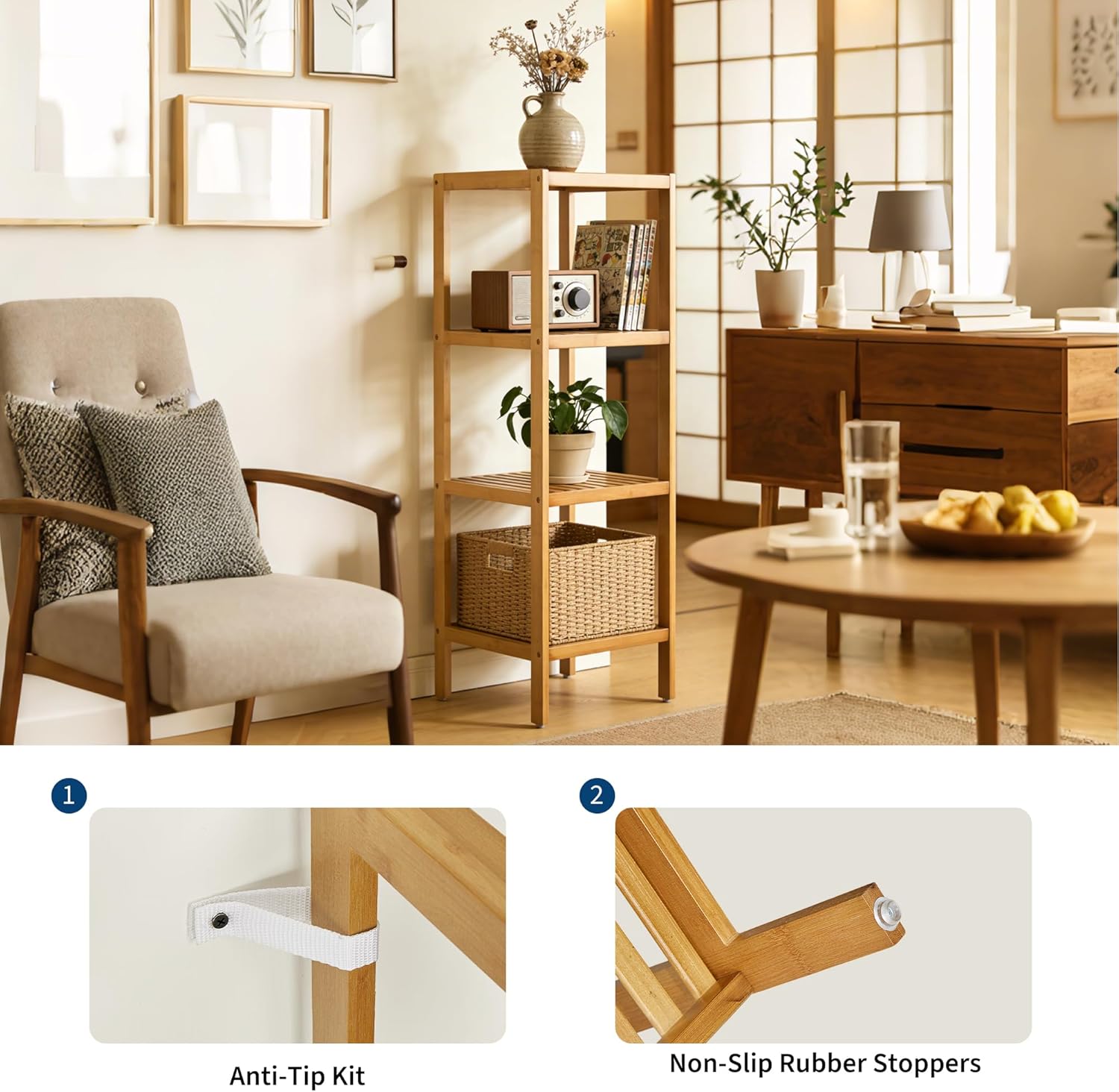 Garvee 4-Tier Bamboo Shelf Narrow Bathroom Shelf with Slatted Shelves Natural Wood Plant Stand Standing Towel Rack Corner Rack for Bathroom Entryway Bedroom Kitchen Sunroom