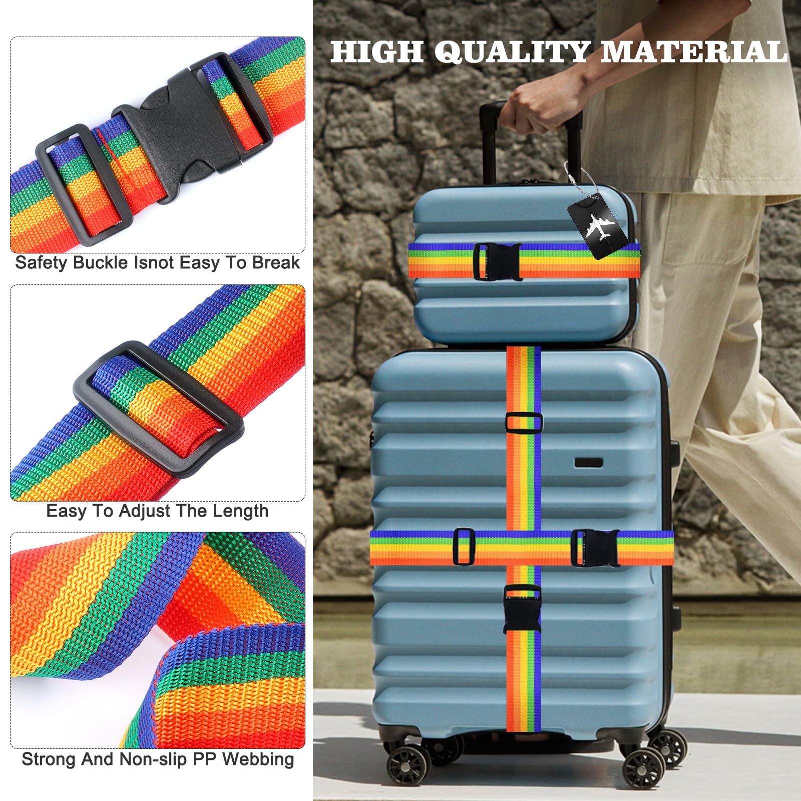 4 Cinghie Per Bagagli Arcobaleno, Regolabili 100-188 Cm, Fibbie Di Sicurezza Per Valigie E Borse
