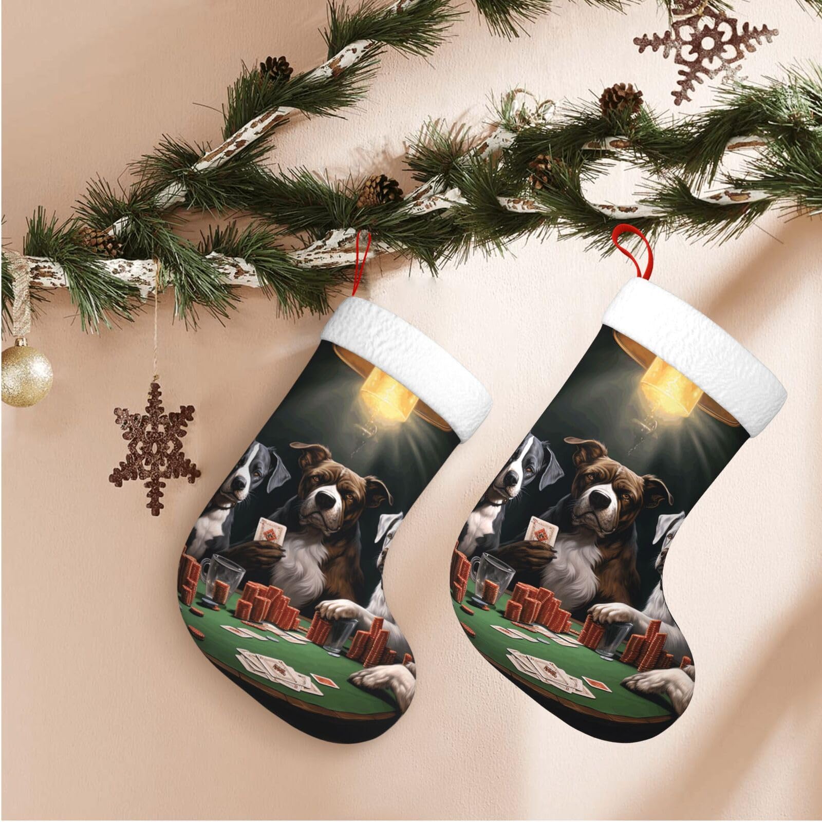 Fodpand Boys Black Playing Poker Dogs Christmas Stockings Hanging Ornaments For Holiday Decor, 18 Inches Velvet Xmas Stocking With White Plush Cuff, Candy Gift Bags For Christmas Decorations