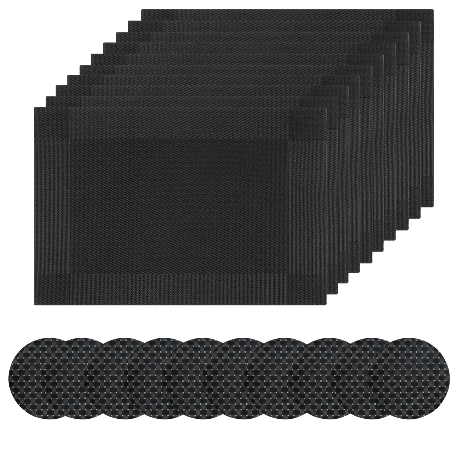 Famibay Placemats and Coaster Sets 10 Heat Resistant Table Mats Washable Woven Place Mats for Table Black Placemats for Kitchen Dining Restaurant