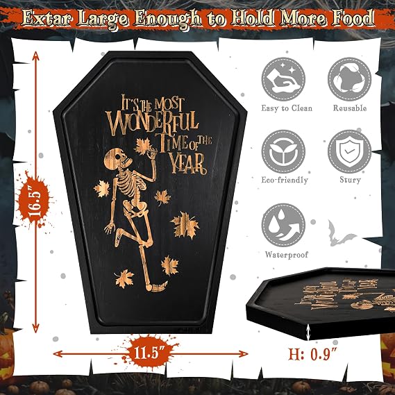 Webake Large Coffin Charcuterie Board - New Skeleton Design, 16.5 x 11.5 Spooky Serving Tray for Ample Food Display, Halloween Wooden Meat & Cheese Board, Perfect Spooky Gothic Decor
