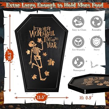 Webake Large Coffin Charcuterie Board - New Skeleton Design, 16.5 x 11.5 Spooky Serving Tray for Ample Food Display, Halloween Wooden Meat & Cheese Board, Perfect Spooky Gothic Decor