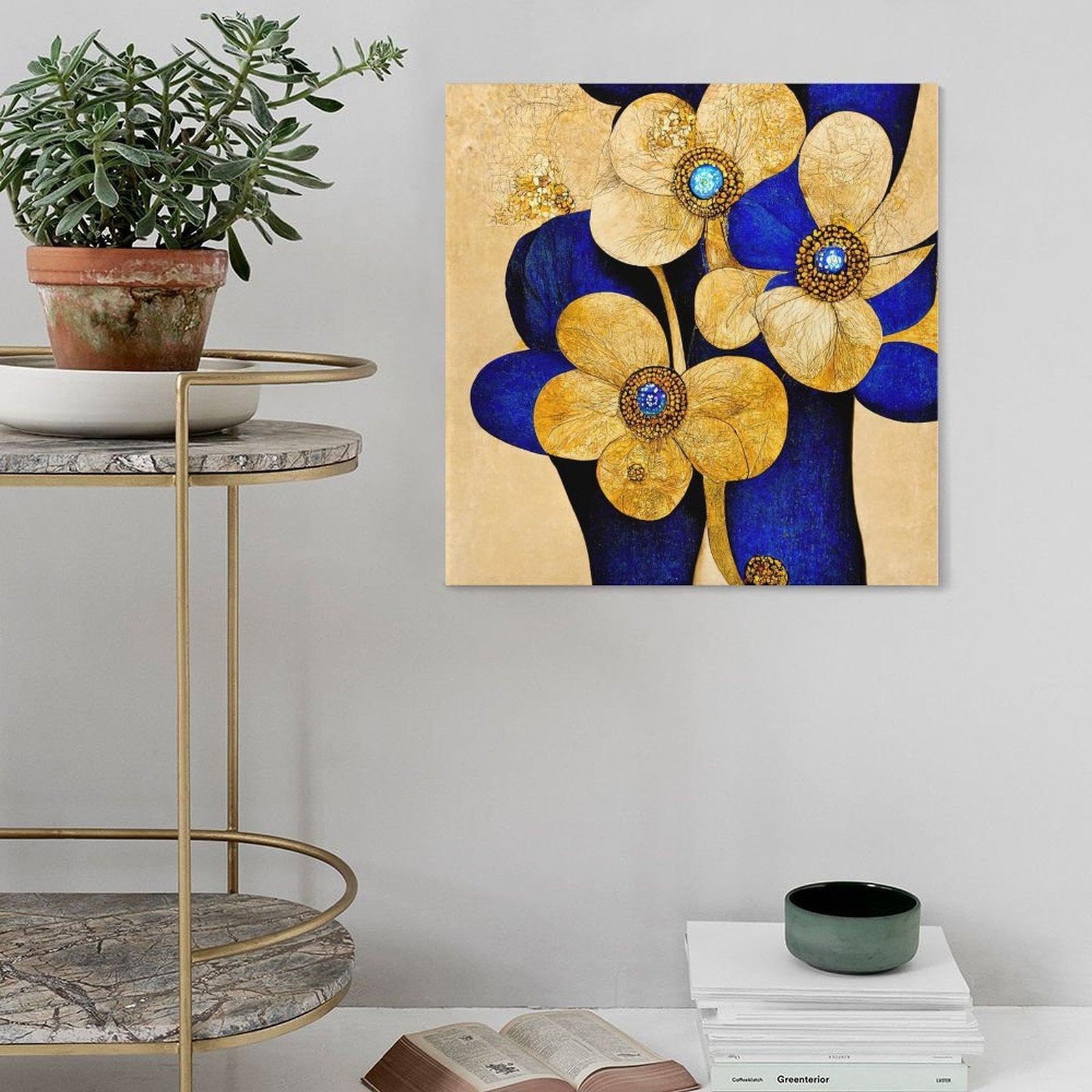 HNKDKJ Blaue und goldene Blumen, Landhaus-Bilder, rustikales Blumengemälde, gerahmte Leinwand, Kunstwerk für Esszimmer und Restaurant, 66 x 66 cm/26 x 26 Zoll – Innenrahmen