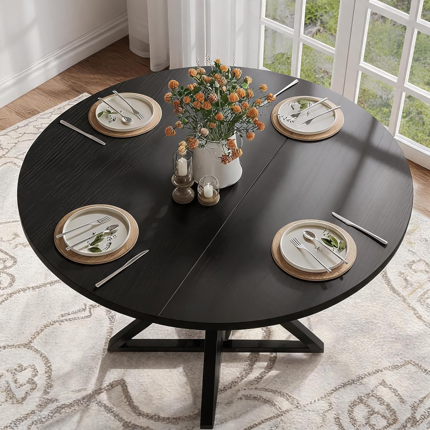 GarveeHome 47 Inch Round Dining Table for 4-6, Circle Kitchen Table with Pedestal Base, Farmhouse Wooden Dining Table for Small Spaces, Kitchen & Dining Room, Living Room-Black/Only Table