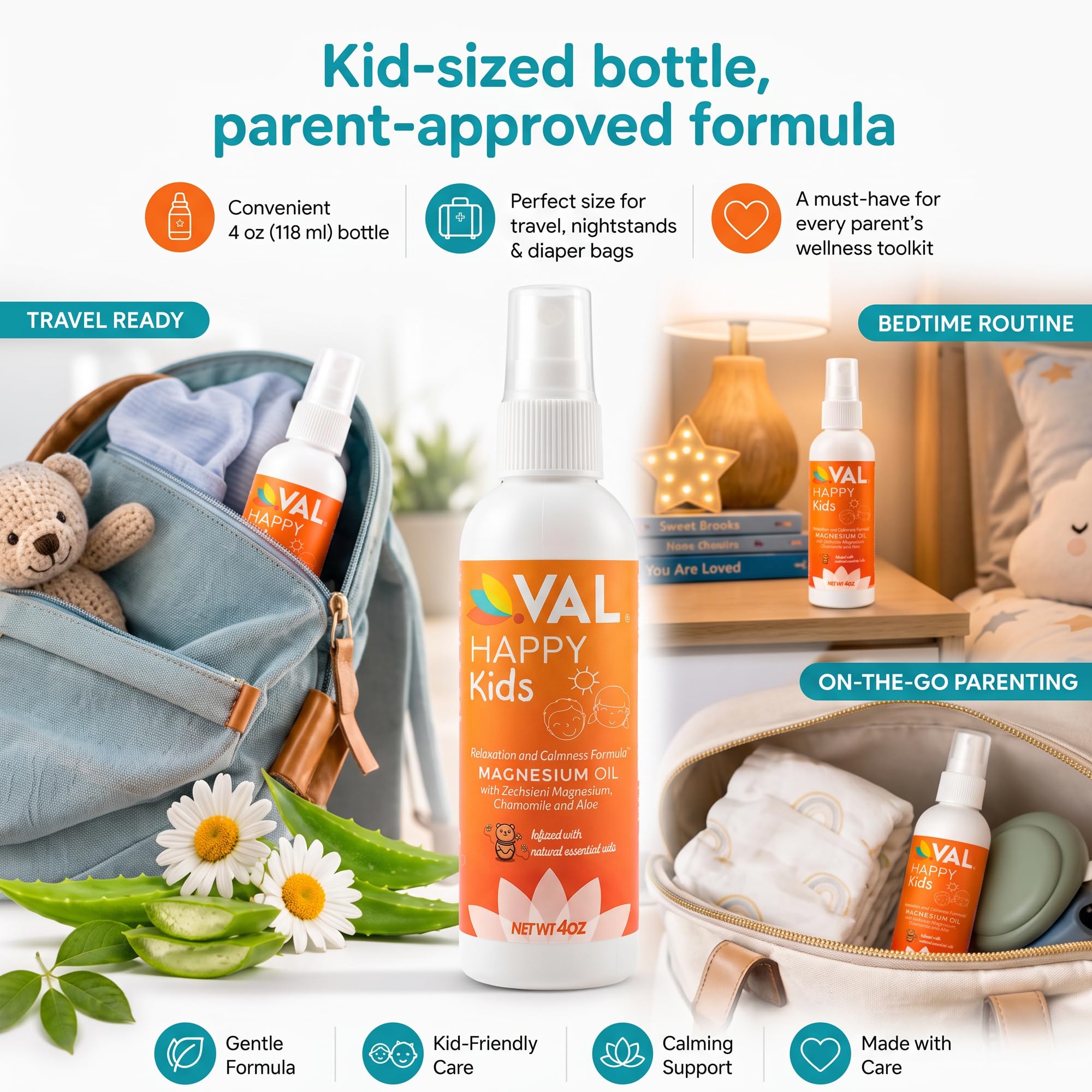 VAL Kids Magnesium Oil Spray – Natural Bedtime Calm & Mood Support | Zechstein Magnesium, Chamomile & Aloe | No Itch | Fast-Absorbing | Made in USA | 4oz — Amazon image 9