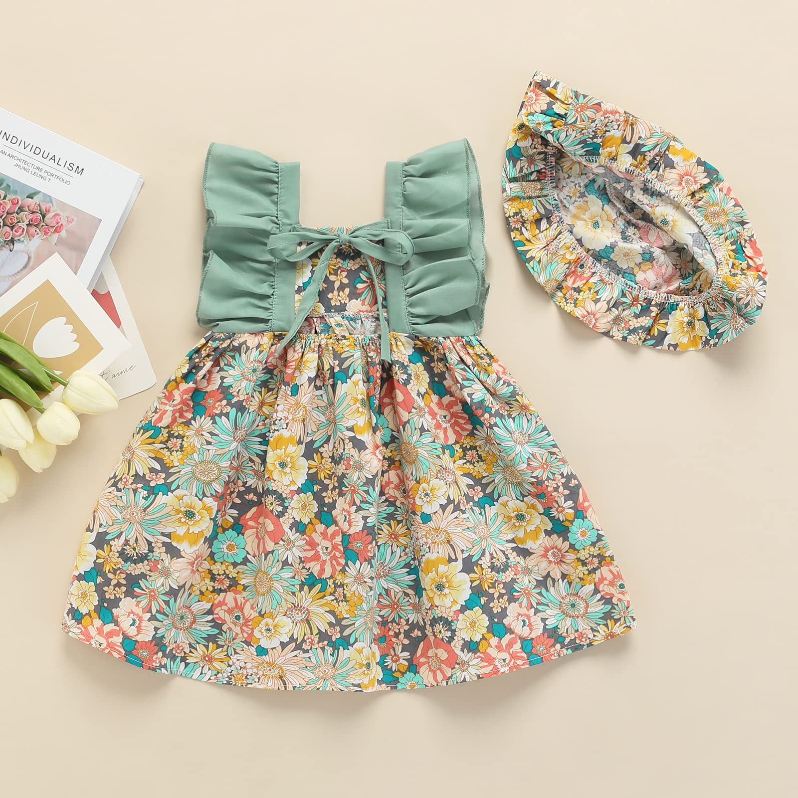 Toddler Baby Girl Dress Summer Bohemia Floral Ruffle Sleeveless Kids Casual Beach Party A-Line Dresses + Floral Hat (Green, 6-12 Months)