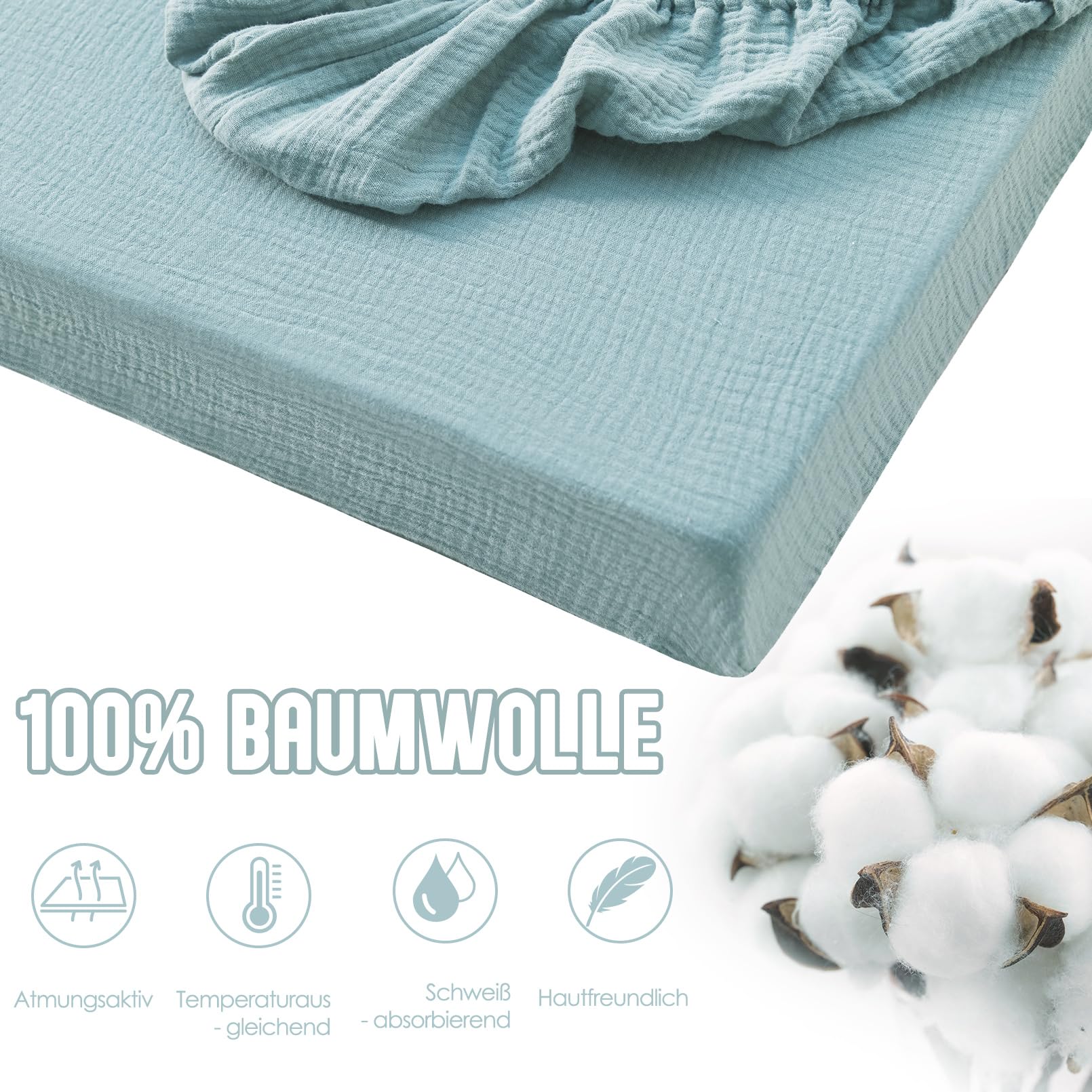 Lenzuolo con angoli elasticizzati 70 x 140 cm, in mussola, 100% cotone, morbido e traspirante, adatto per culla e lettino, lavabile in lavatrice, delicato sulla pelle del bambino, set da 2 (verde, 70