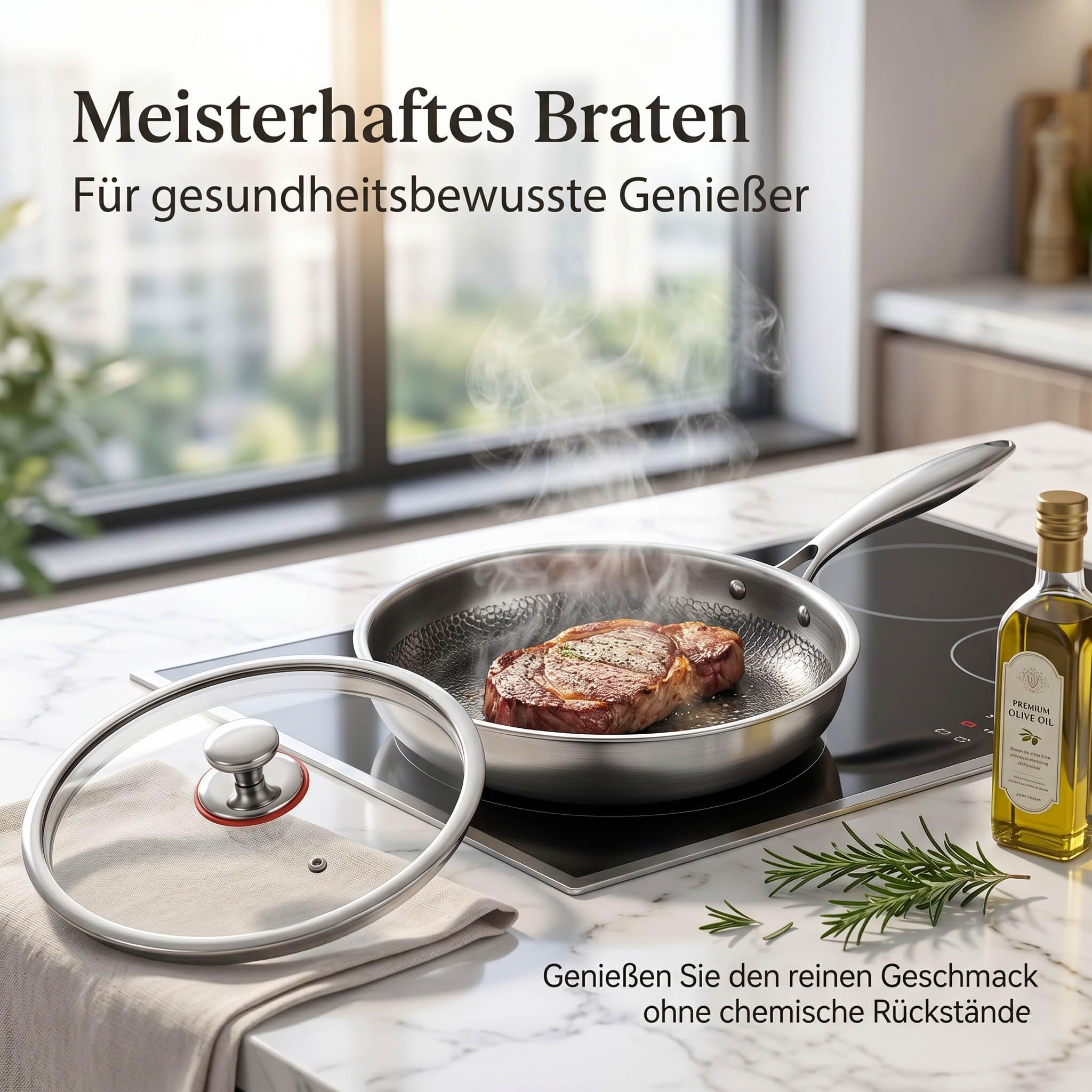 Titan Pfanne 28 cm mit Deckel, Unbeschichtete Titan Bratpfanne mit Gehämmertem Design, Kratzfeste Physikalische Antihaft-Struktur, Frei von PFAS-, PFOA- und PTFE-, Für Induktion & Alle Herdarten