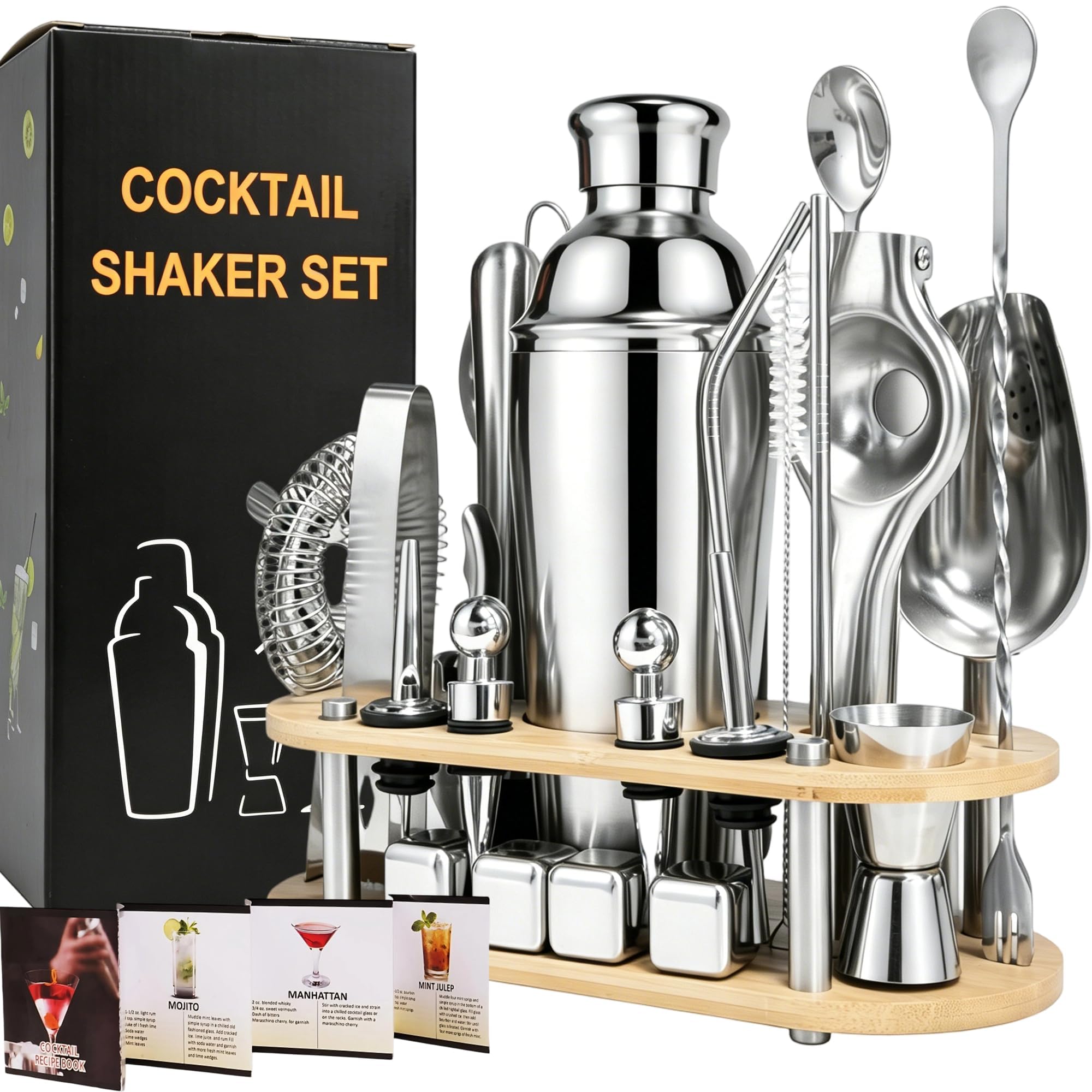 Kit de Cocktail 25 Pièces, Shaker Boston 700ml Double Paroi en Acier Inoxydable, Set Barman Complet avec Support en Bambou, Recettes de Cocktails pour Mélanger et Offrir en Cadeau