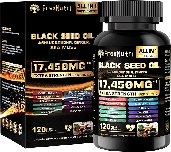Organic Sea Moss Capsules with Black Seed Oil, Ashwagandha & Ginger – Irish Sea Moss Supplement for Men and Women – Advanced Formula for Immune & Energy Support, Natural Powder 120 Capsules
