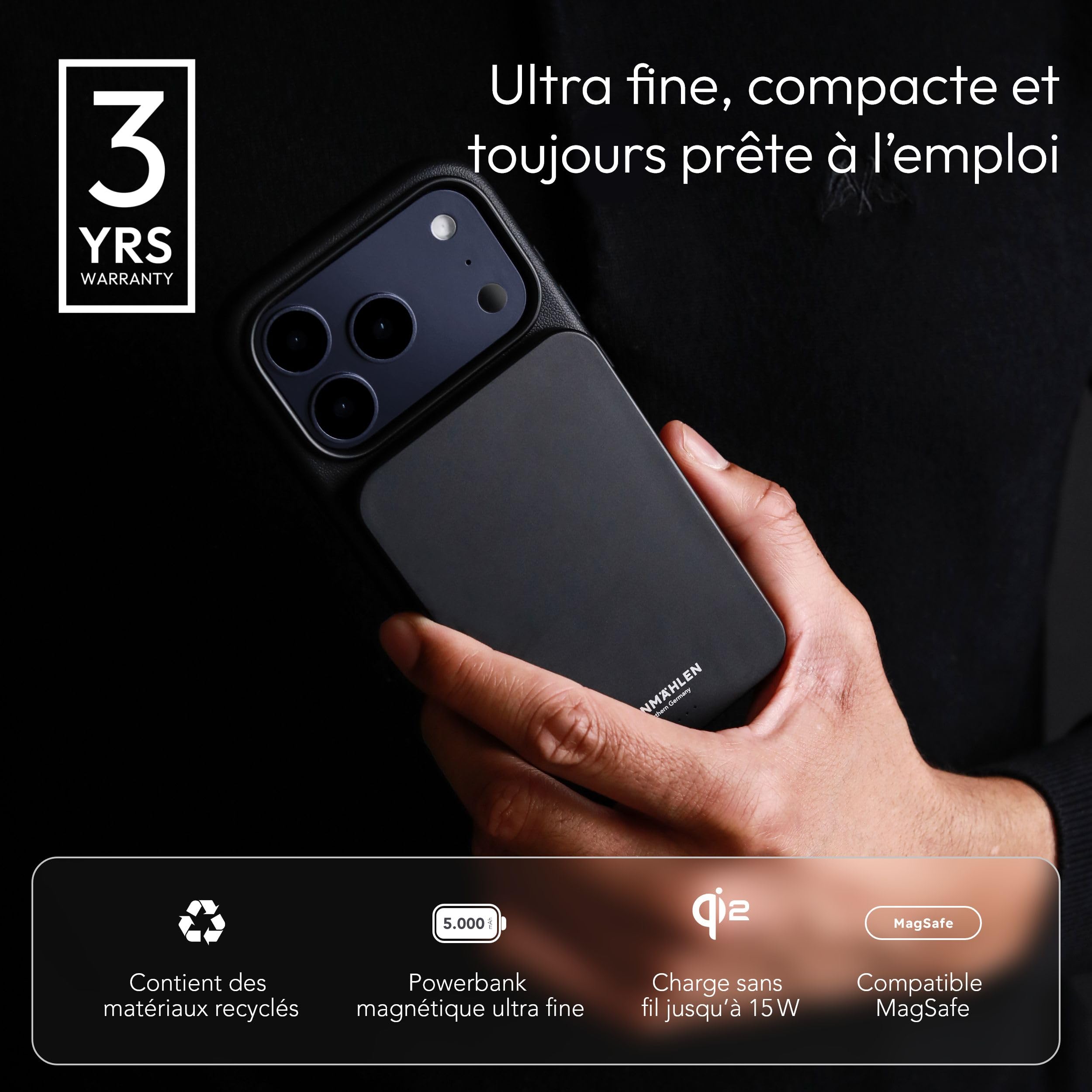 Vonmählen Evergreen Mag - Batterie Externe magnétique Ultra-Fine 5000 mAh, Charge Rapide sans Fil et USB‑C PD, certifiée Qi2 - Noir