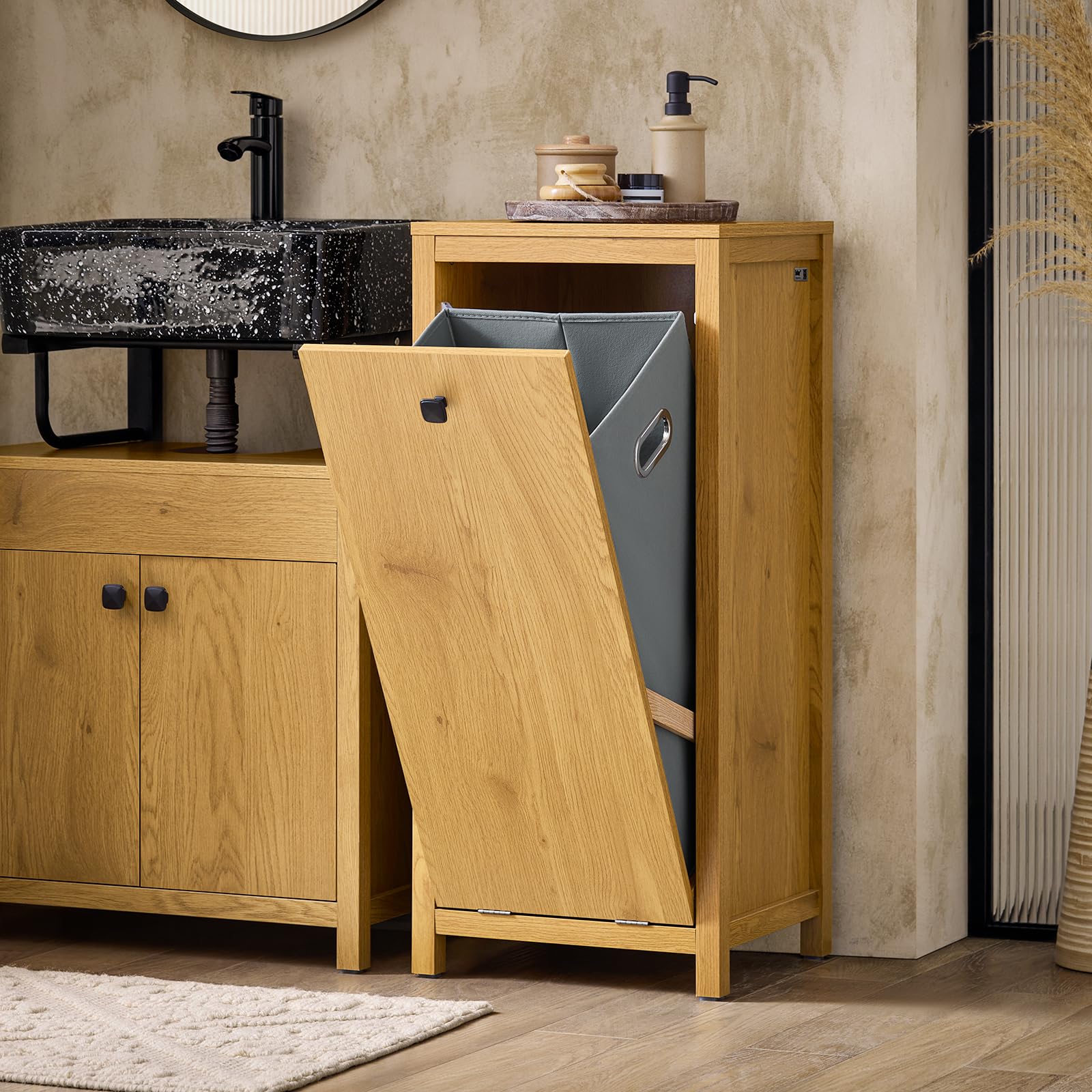 Generisch Wäscheschrank mit Korb in Naturfarbe – Platzsparender Bad-Organizer für kleine Badezimmer, 40 x 35 x 90 cm, modernes Design, ideal für die Haushaltsorganisation