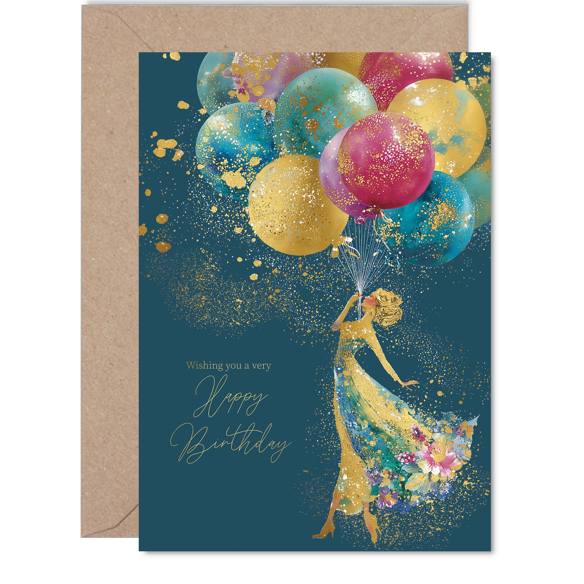 Gold Family Birthday Card - Elegant Silhouette Balloons - Happy Birthday Card for Family from Colleague Friends, 5x7 Inch Golden Luxury Floral Dress Bday Greeting Cards