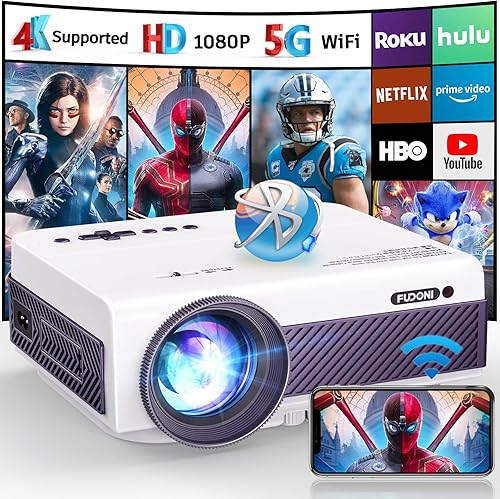 Proyector con WiFi y Bluetooth, FUDONI 5G WiFi Native 1080P Proyector para exteriores 11000L Soporte 4K, proyector de película portátil con pantalla