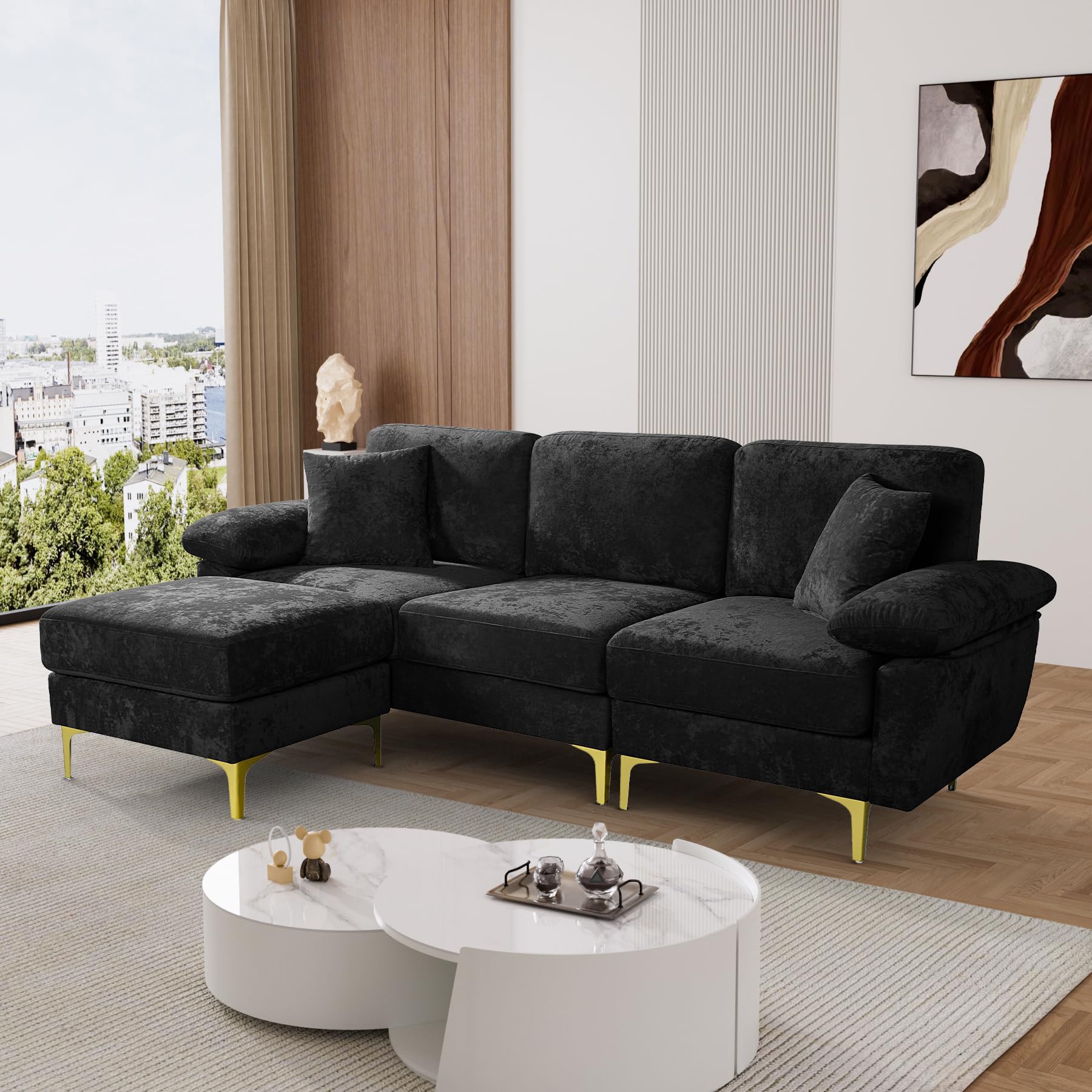 OUYESSIR L Shaped Sectional Sofa Couch, 3 Seat Velvet Sofa with Ottoman and Pillows, Upholstered Comfy Couch Sleeper for Living Room, Bedroom, 91 inches (Black)