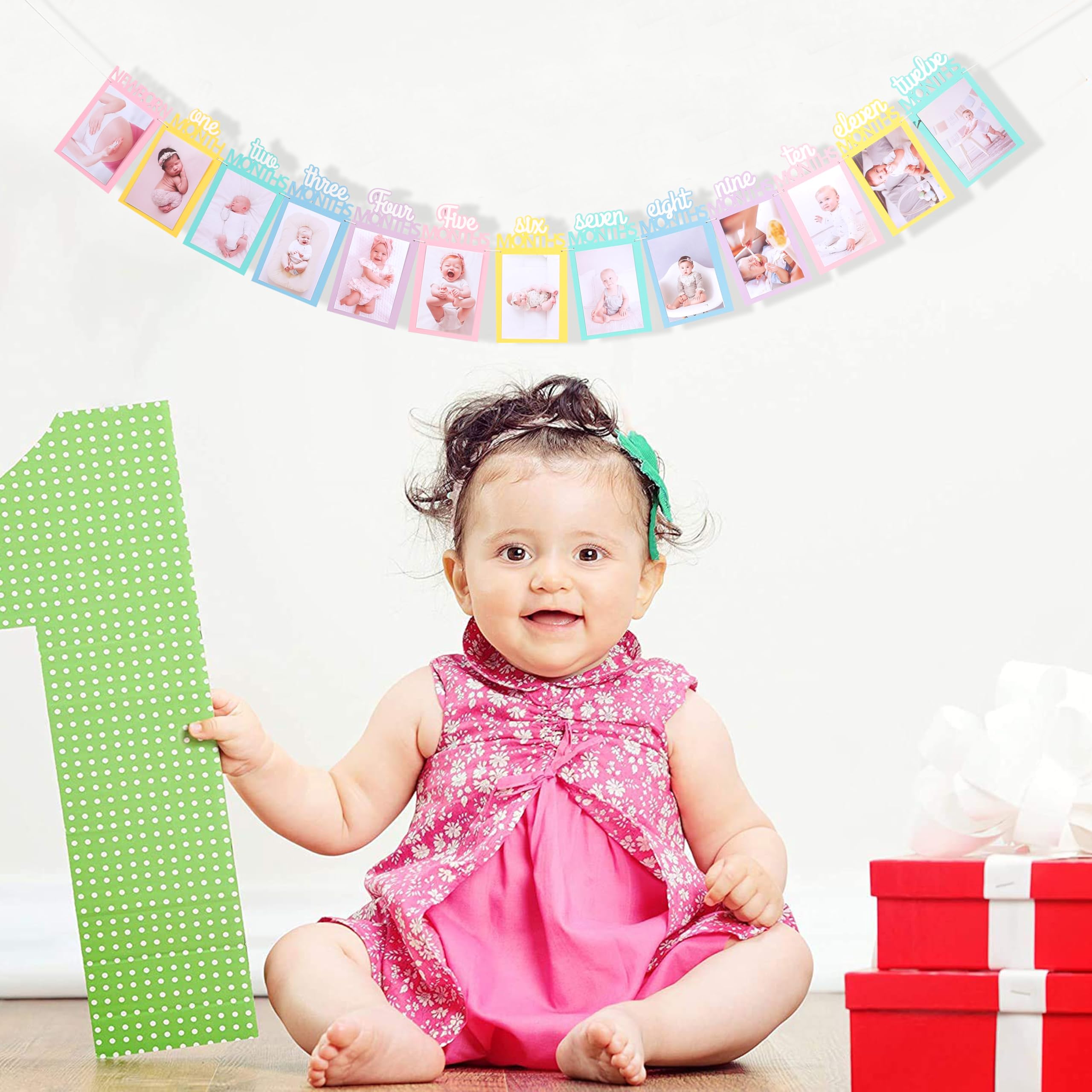 Rainbow 1st Birthday Photo Banner For Girls, From Newborn To 12
