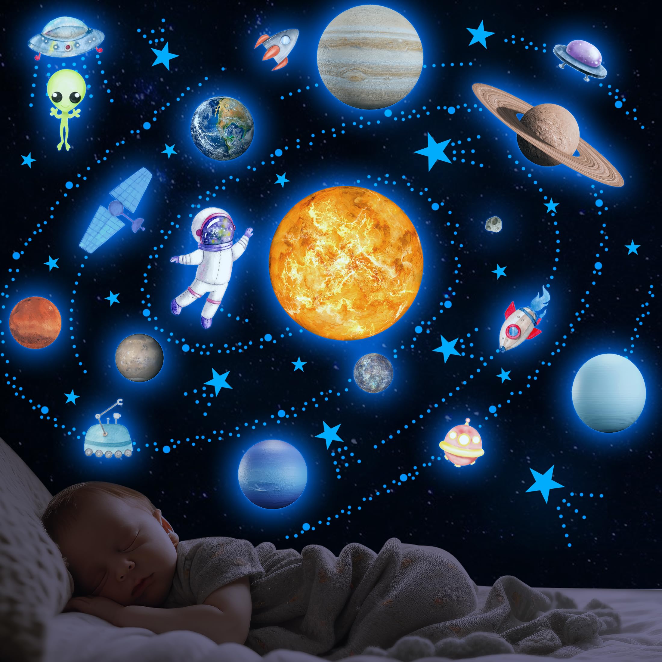 Adesivi da parete con stelle fosforescenti del sistema solare, sole e 8 pianeti principali, adesivi per soffitto, motivo astronauta, decorazione da parete per bambini (blu)