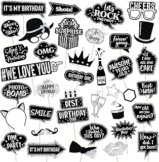 Outus 36 Pcs Birthday Photo Booth Prop Birthday Prop for Photoshoot Photo Prop Party Photobooth Prop Holiday Picture Props Photo Booth Prop Pose Sign Kit for Birthday Supplies (Silver and Black)