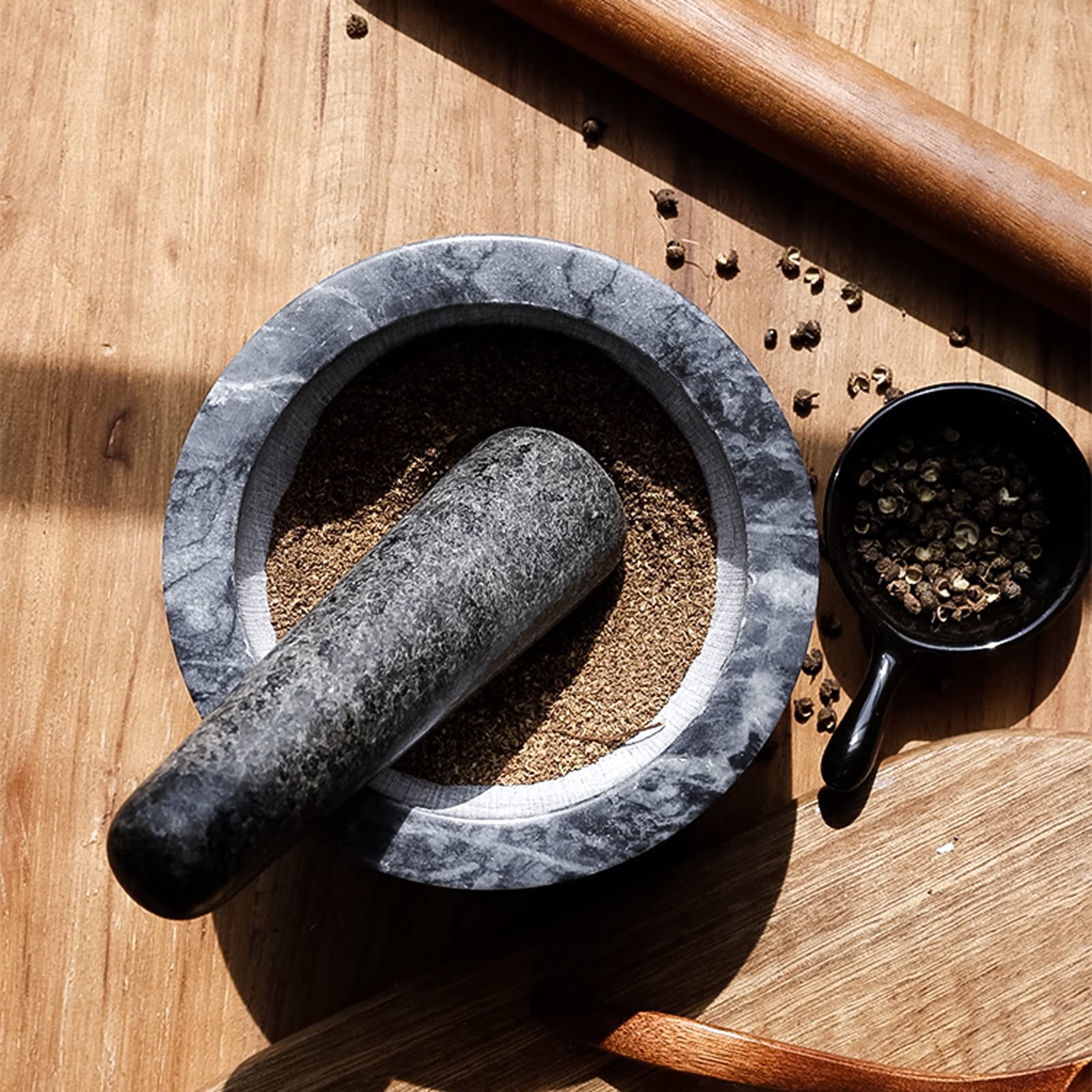 Mortero y maja, mortero y maja for pulir granito natural, juego de mortero y maja con base de metal dorado, capacidad for 2 tazas, hacer guacamole fresco, salsa, pesto, trituradora de hierbas, moler e