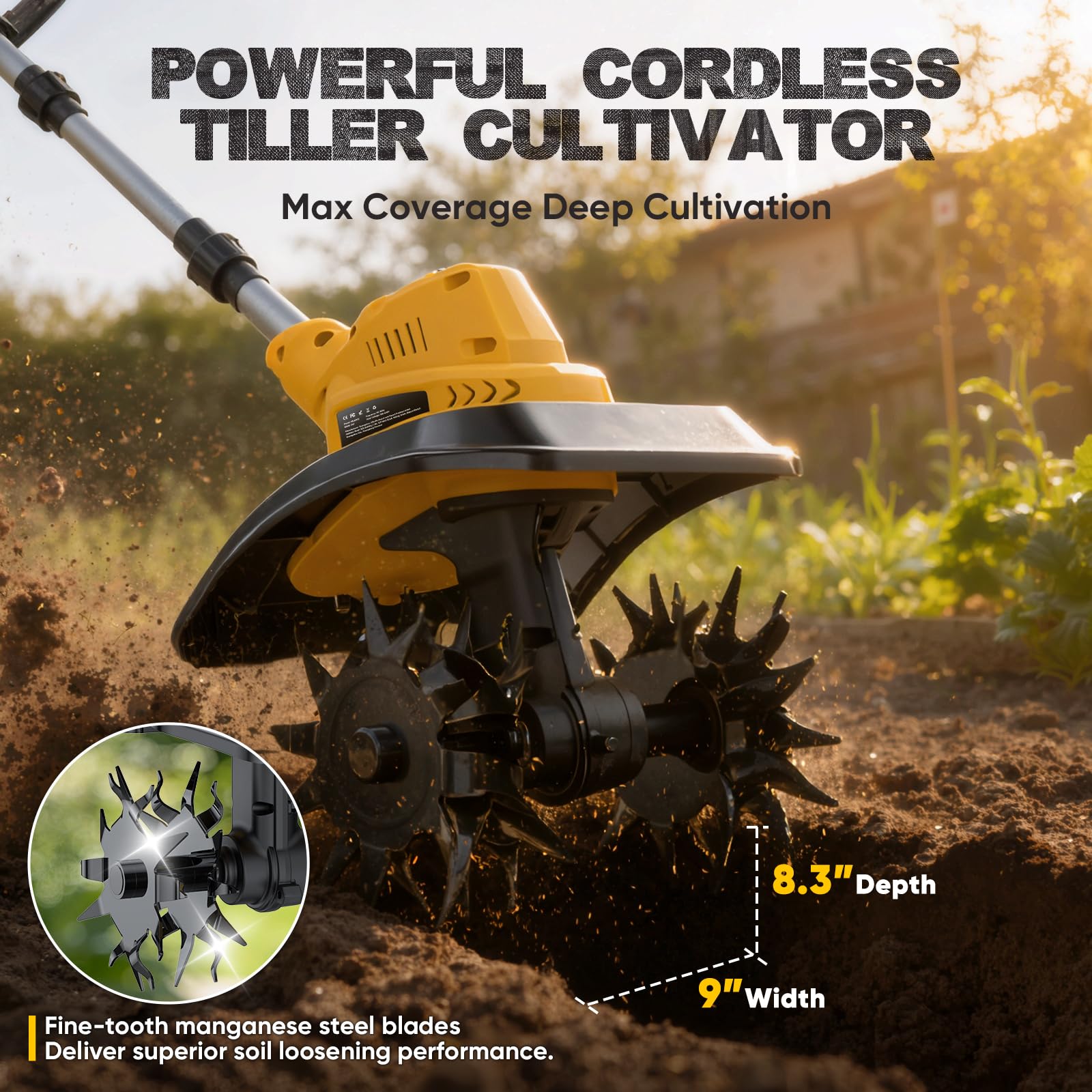 Motobineuse Electrique sans Fil avec 2 Batteries de 4,0 Ah, 400 TR/Min Batterie sans Balais, Largeur 23 cm et Profondeur 21 cm, Motoculteur Pliable pour Labourer et Ameublir Le Sol