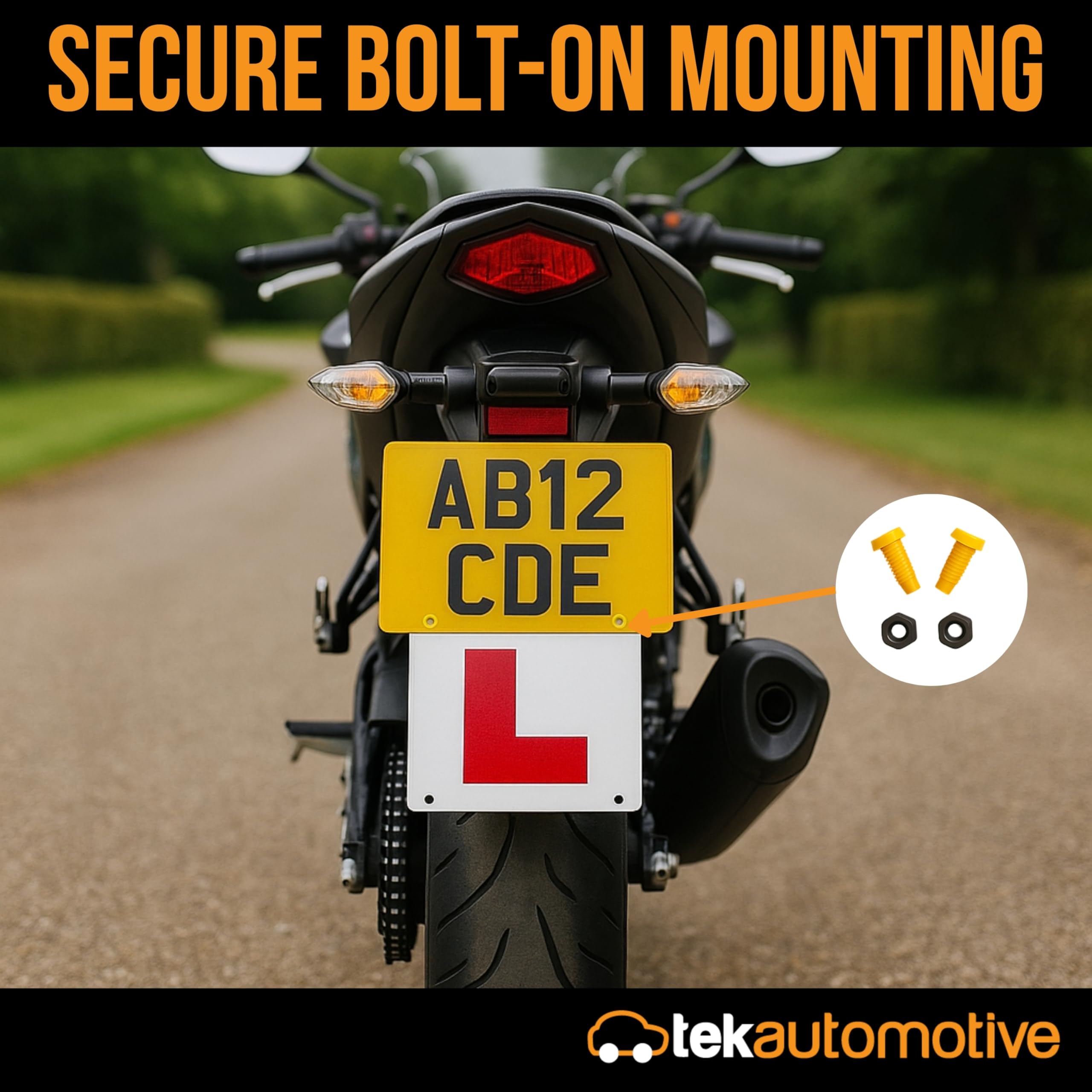 Tek Automotive Motorcycle L Plate Set – Includes 1 Rigid Rear Plate with Pre-Drilled Holes & Bolts and 1 Self Adhesive Front Sticker – Road Legal, Weatherproof, Durable Vinyl for CBT & Learner Riders — view 3