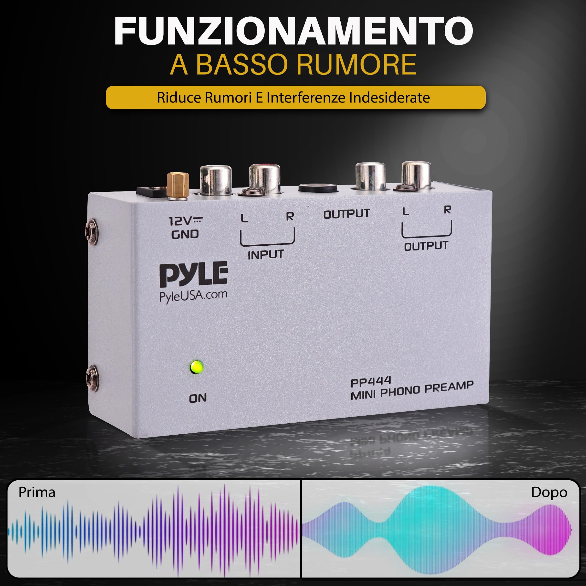 Pyle Preamplificatore Phono Mini per Giradischi con Ingressi e Uscite RCA, Basso Rumore, 12V DC, Grigio
