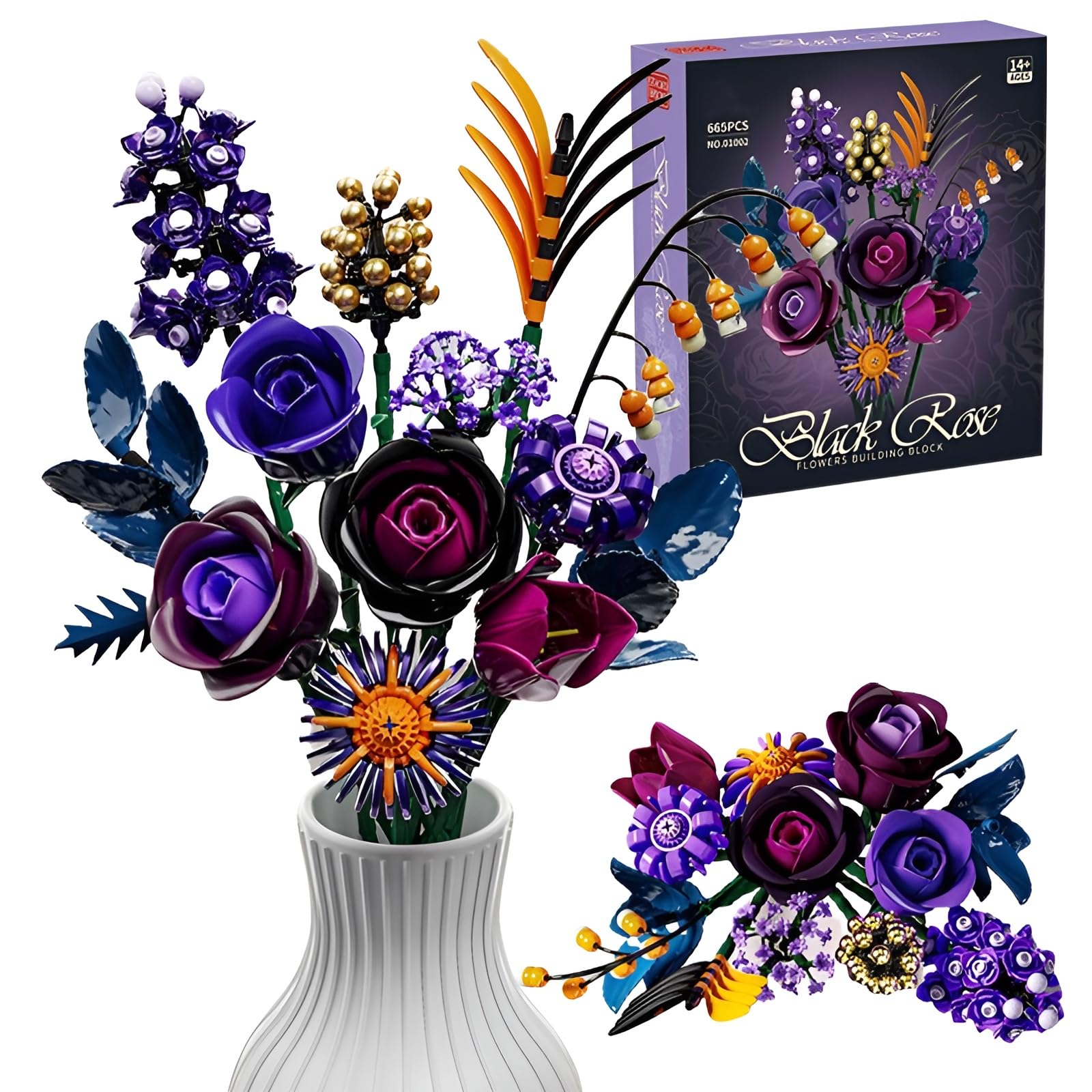 SymGrpu Gothic Purple Roses Bouquet Building Set, 665PCS DIY Artificial Dark Roses Building Blocks, Halloween Valentines Birthday for Women & Girlfriend, Home Office Decor(No Vase) โ image 1