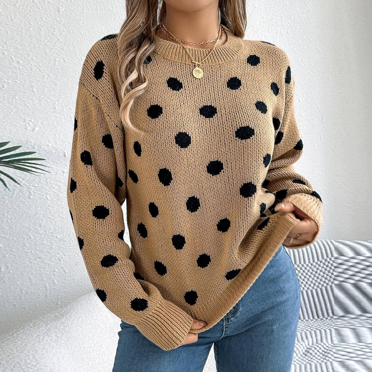 Women's Fashion Polka dot Sweaters, Casual Loose Crewneck Pullover Sweaters, Long-Sleeved Knitted Tops Sweater Jackets