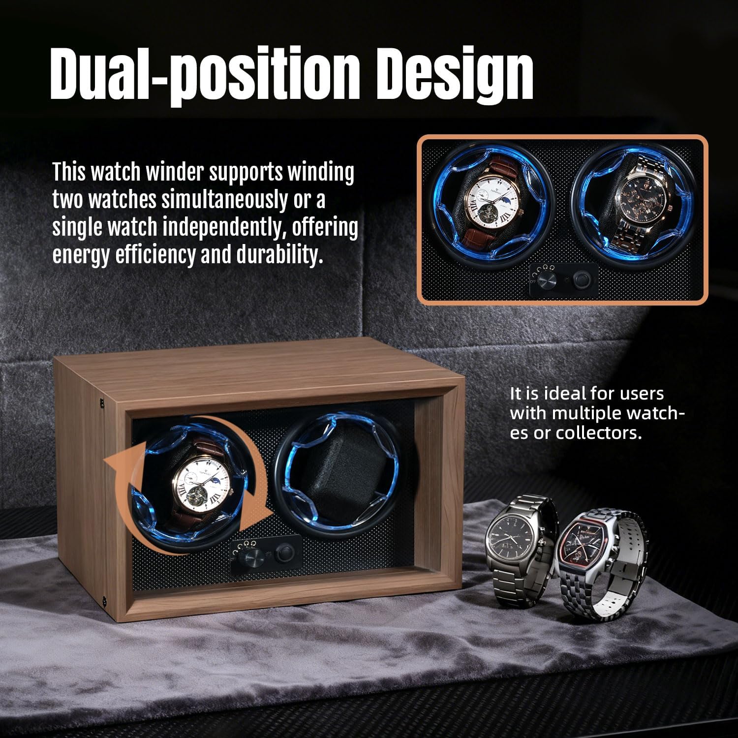 Mcbazel Dual Automatic Watch Winder with High-Elasticity Memory Foam Pillows, Ultra-Quiet Motor, Blue LED Light, 4 Rotation Modes, USB Powered Walnut Pattern Display Box for Watches