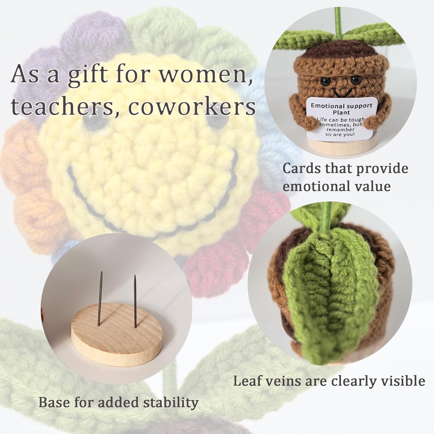 Handmade Crochet Sunflower Doll - Emotional Support Gift for Women, Therapy Plush Ornament with Stand, Self Care Mental Health Decor, Birthday Valentines Gift