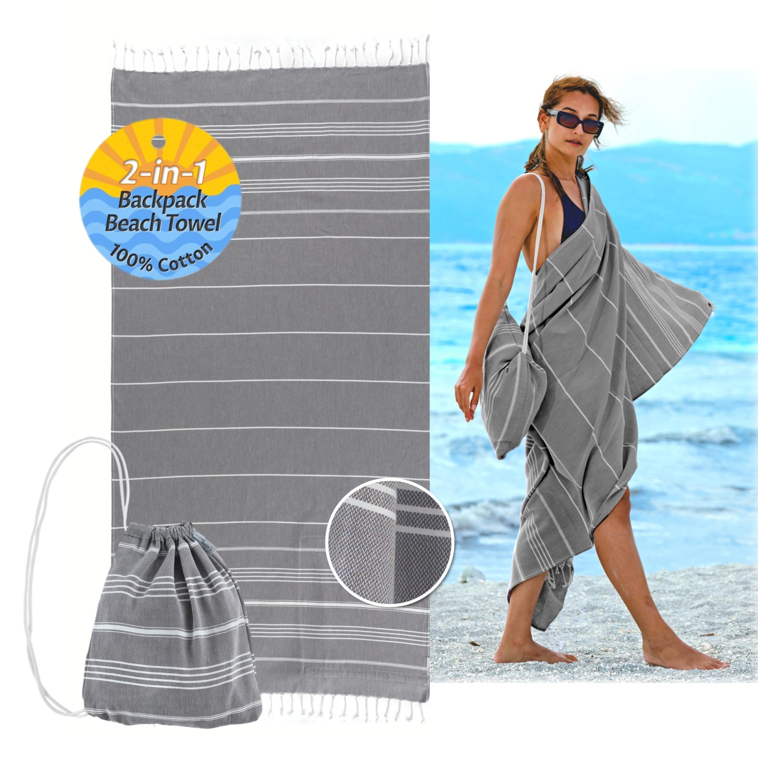 CalmyBEACH 2in1 Hamamtuch Rucksack Strandtuch Badetuch - 100% Baumwolle Hamam Strand Tuch 180x90 Baumwolltuch für Damen und Herren Yogatuch Reisehandtuch (Anthrazit)