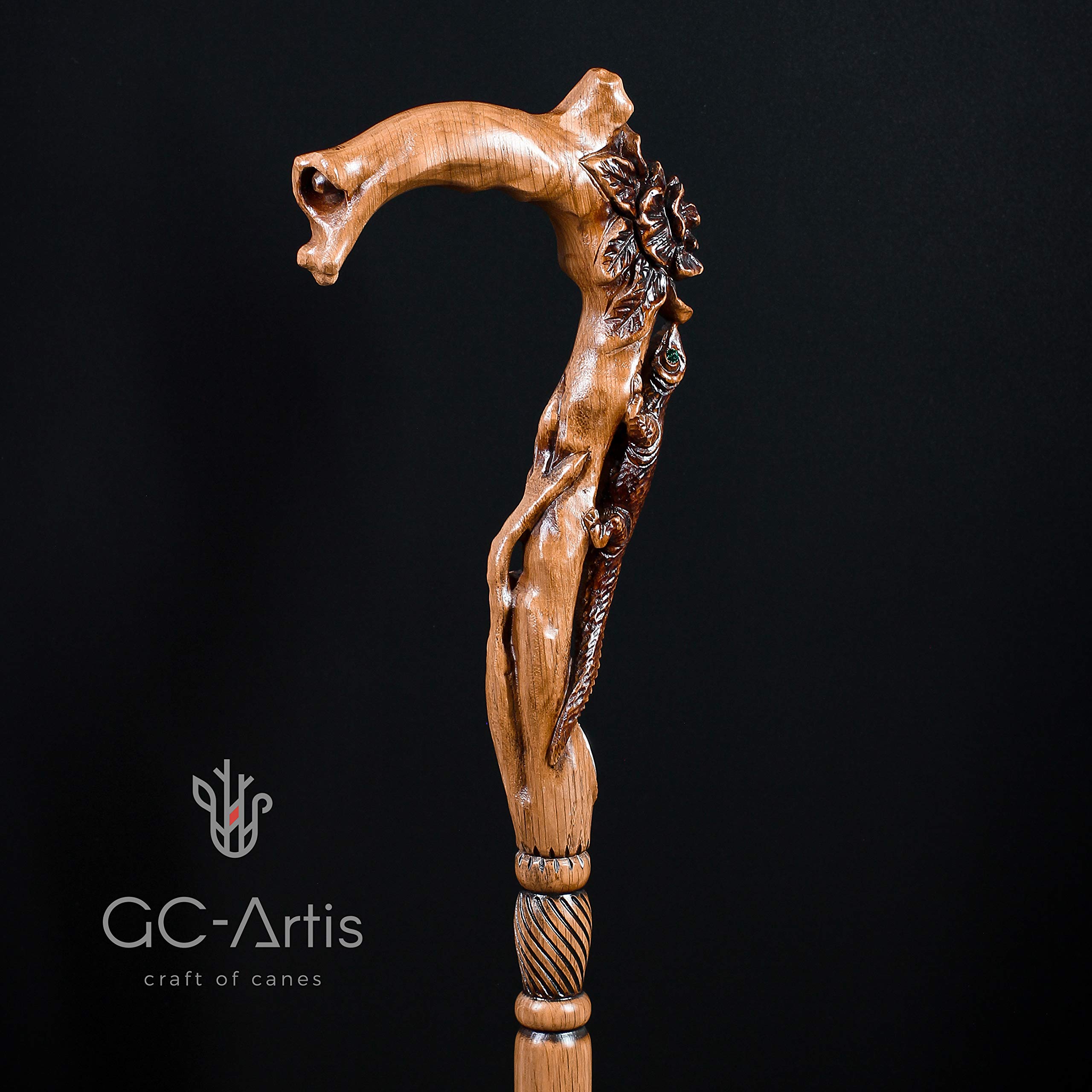Elegant Light Wooden Walking Stick Cane for Women Ladies Carved Flowers & Lizard Comfortable Handle Fashionable Designer Brown product thumbnail 4