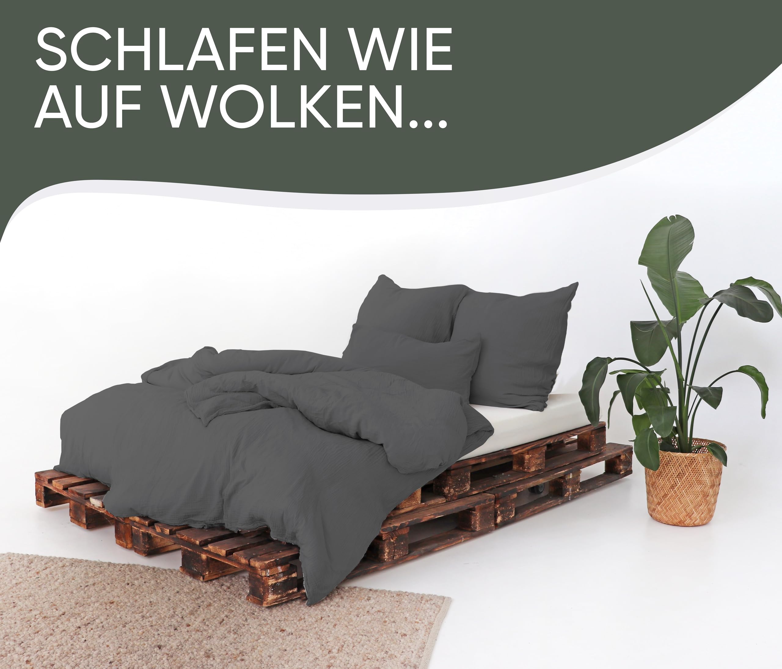 jilda-tex Bio-Bettwäsche Musselin Medina 100% Bio-Baumwolle Knitterlook Bügelfrei Uni Made in Green (Dunkelgrau, 135x200 + 80x80 cm)