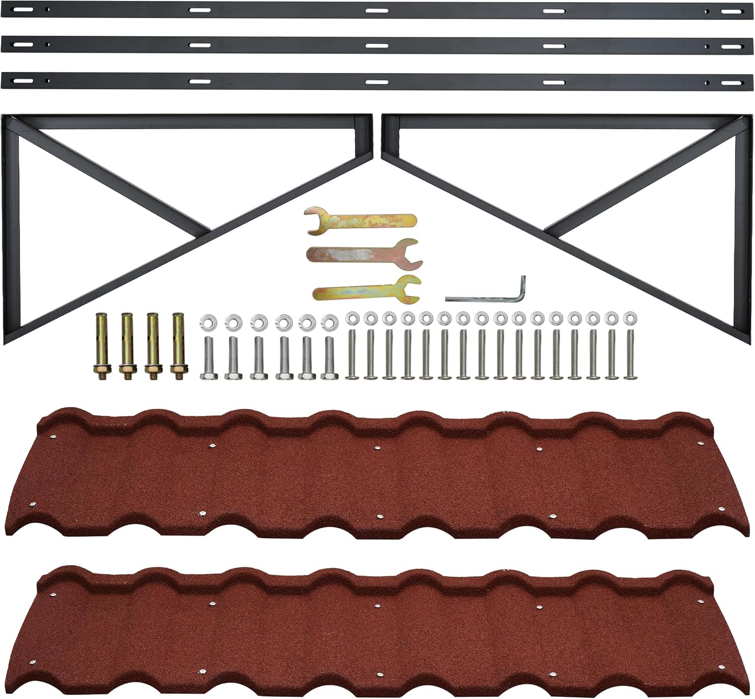 Fixed Metal Awning for Door Entrance 52 in W x 31 in H Triangle Steel Frame with Color Stone Metal Tile Shaped Awning Window Awnings Exterior (Red)