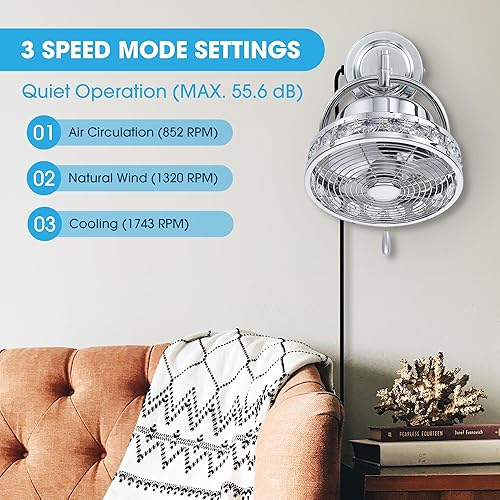 Miniatura 3 de Parrot Uncle Ventilador oscilante de montaje en pared de 10 pulgadas con brazo plegable y control de cadena de tracción, cromo pulido, diseño que