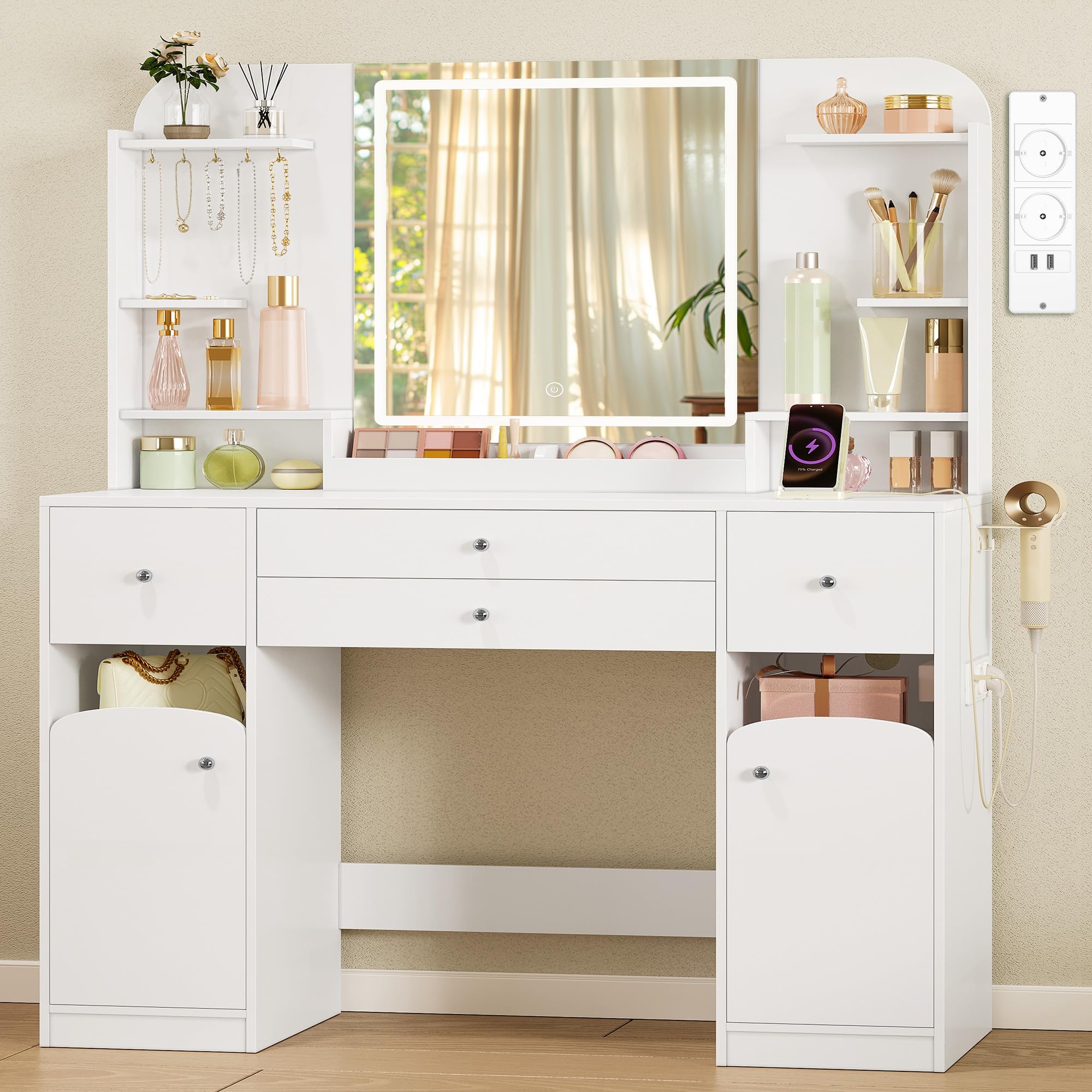 Hzuaneri Toeletta Trucco con Luce LED, con Presa e Porta Asciugacapelli, Ampio Piano D'appoggio 108cm, Toeletta con 2 Cassetti Grandi con Contenitore per Gioielli, 2 Armadietti, 40x108x145 cm Bianco